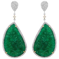 71.16 Carat Carved Emerald Drop Diamond Earrrings