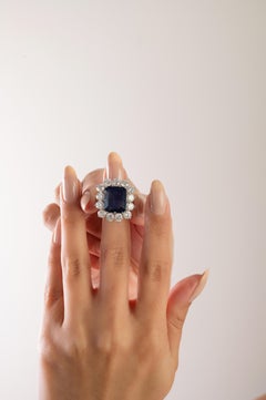 7.11Ct Blue Sapphire & 4.06Ct Diamond Halo Ring in 14k Gold Princess Diana Style