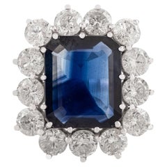 7.11Ct Blue Sapphire & 4.06Ct Diamond Halo Ring in 18k Gold Princess Diana Style