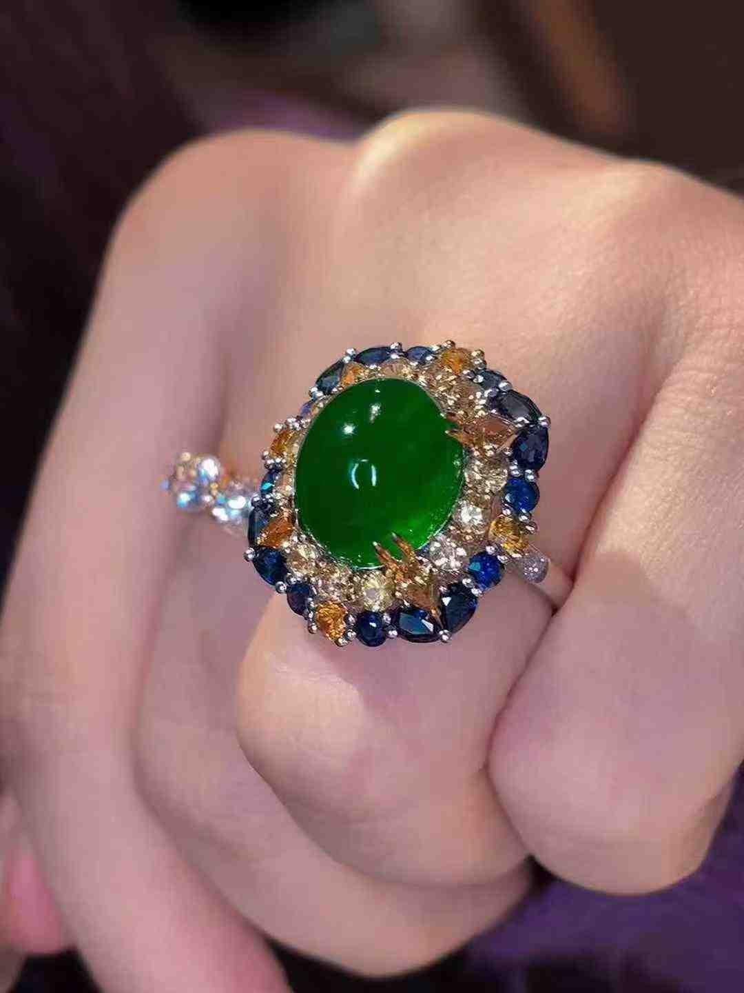 7.12-Carat Emerald Cocktail Ring with Diamond 
Colored Gemstone Cluster – PT950 For Sale