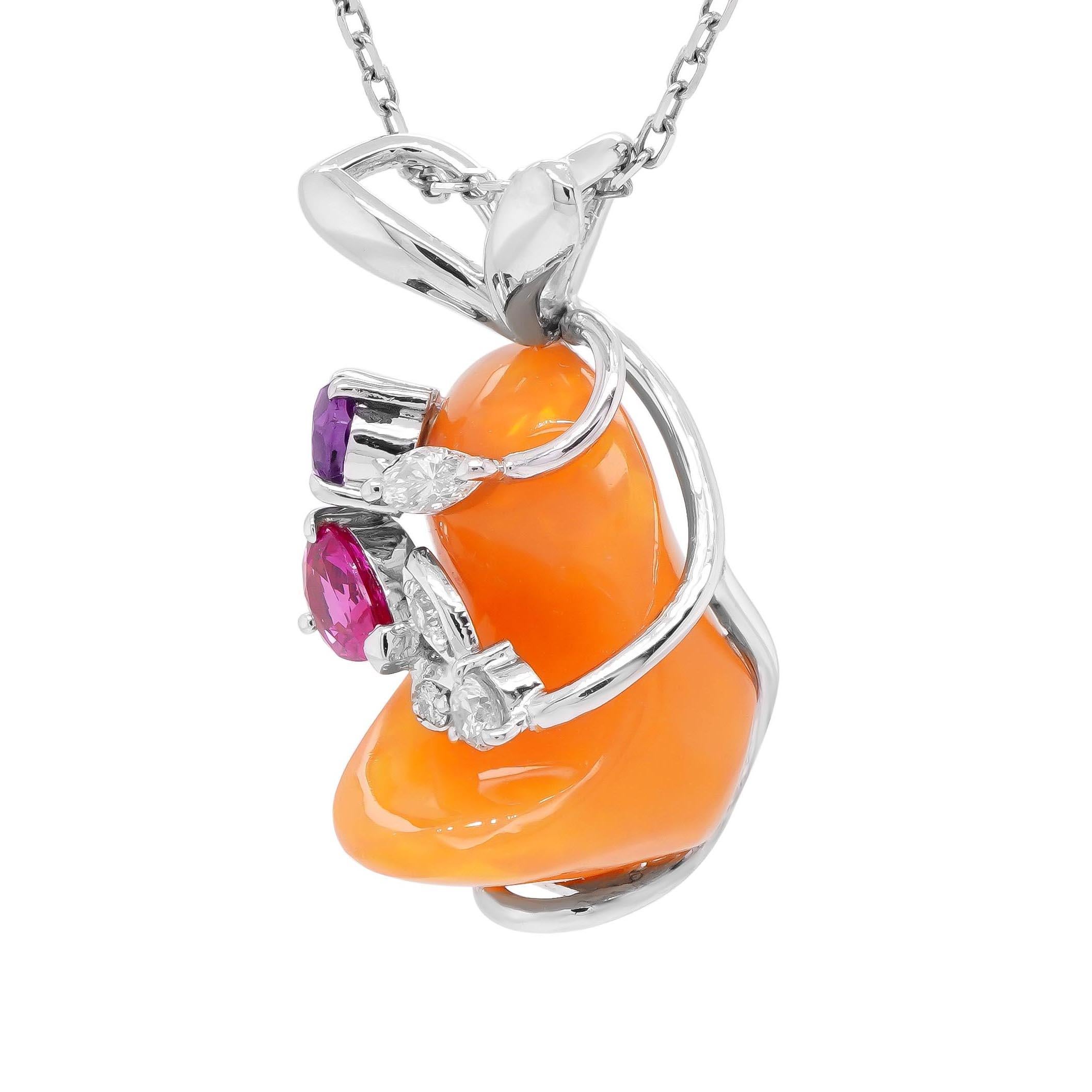 Our tweety bird pendant comprises a 7.12-carat orange opal decorated with a 0.21 carat, pear-shaped ruby and a 0.21-carat, oval-shaped amethyst, and white diamonds.

Opals are extremely rare specimens and are formed through the blend of water and