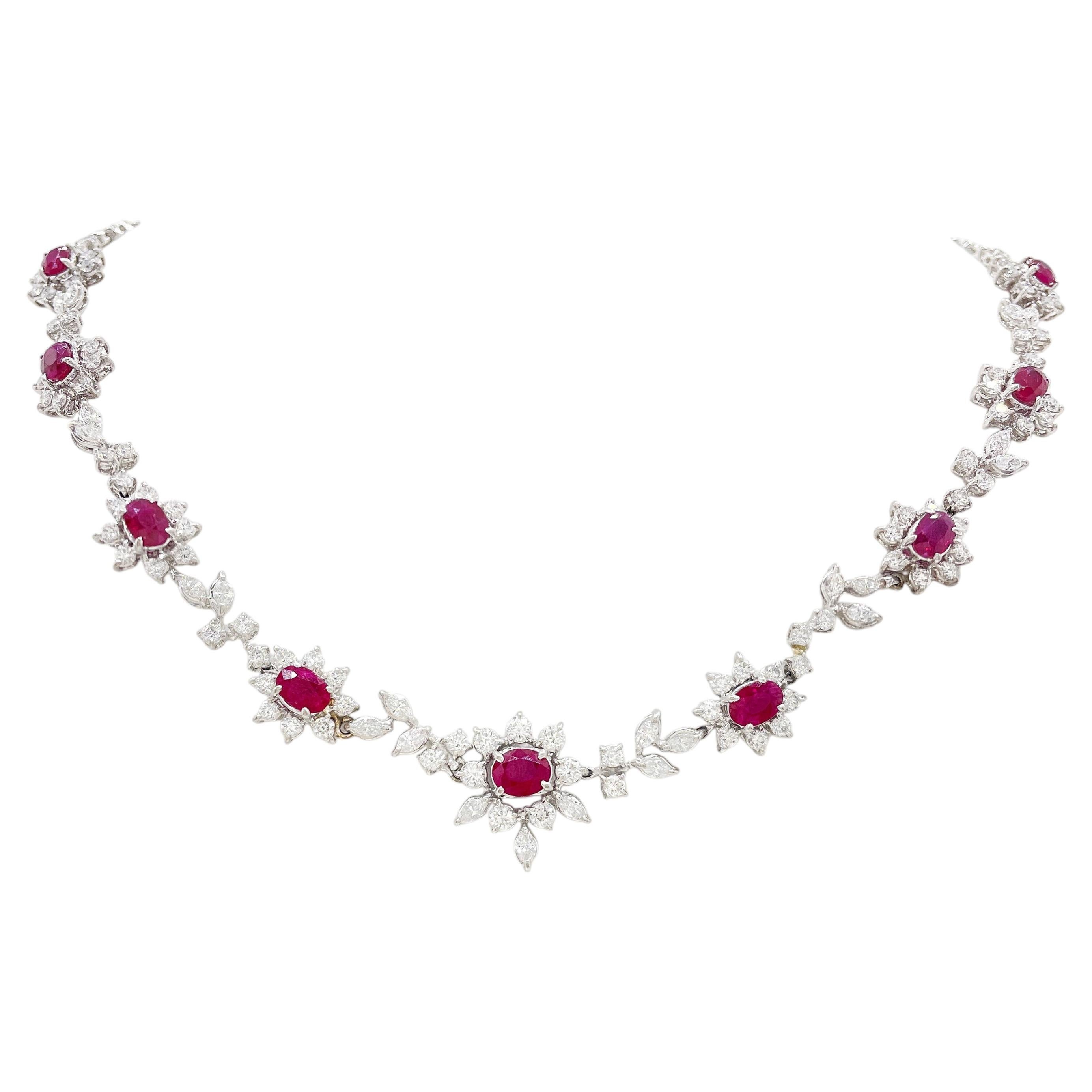 7.12 Carat Ruby and Diamond Necklace Graceful Modern Jewelry 18K White Gold