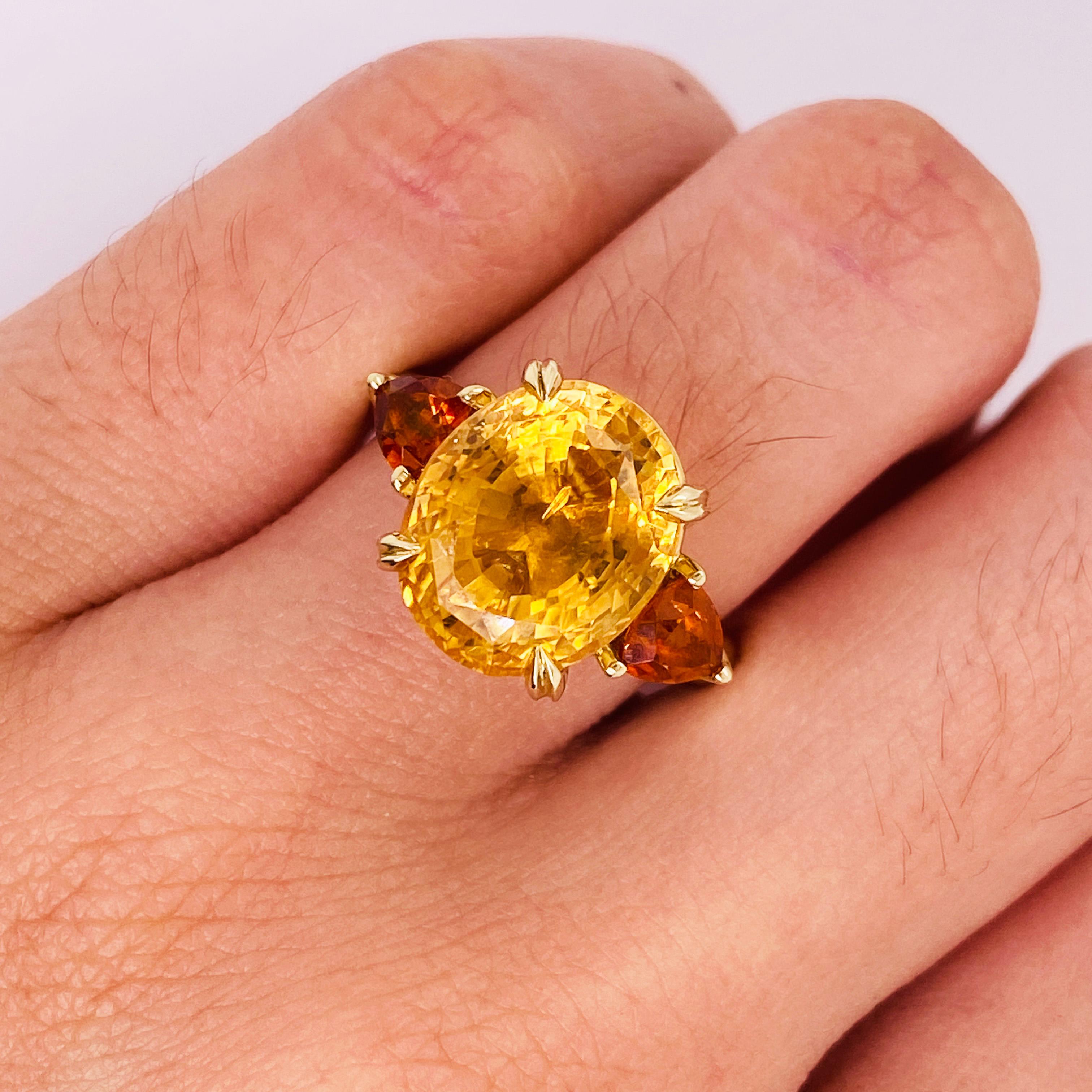 Oval Cut 7.12 Carats Citrines, Honey & Mandarin Oranges, Three-Stone Ring in 14K Gold LV For Sale