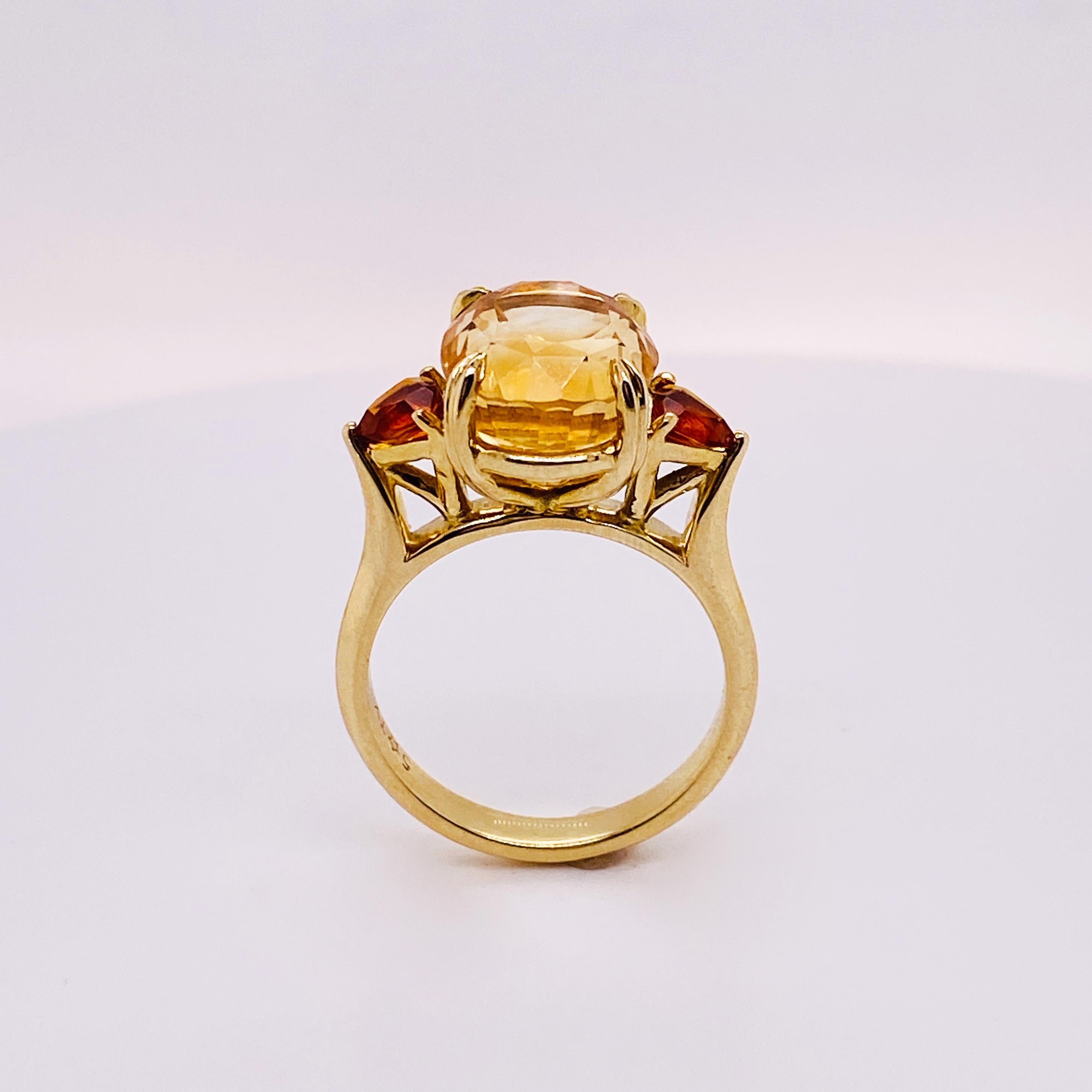 7.12 Carats Citrines, Honey & Mandarin Oranges, Three-Stone Ring in 14K Gold LV In New Condition For Sale In Austin, TX
