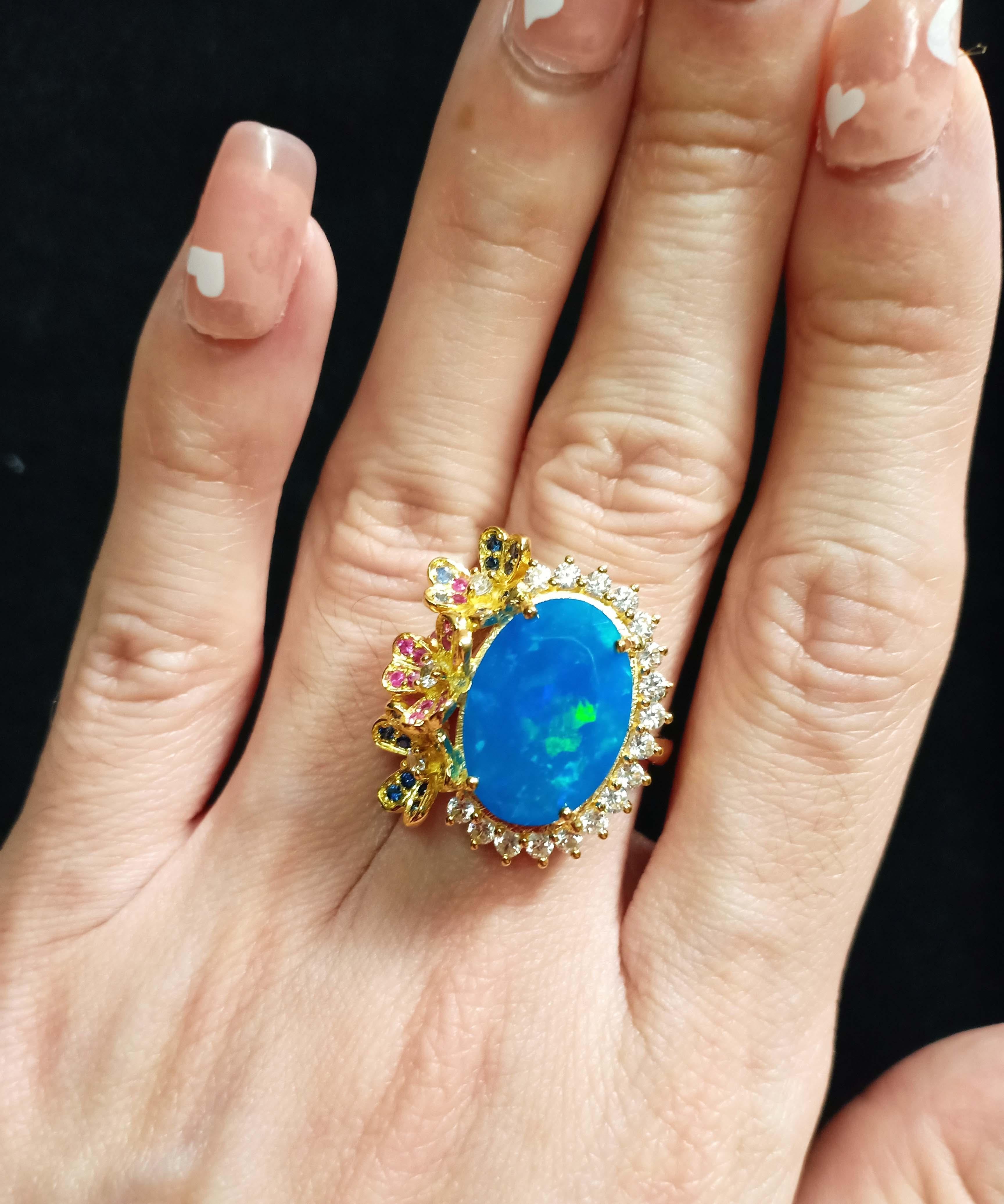 7,12 carati. Anello Opale blu in argento sterling placcato oro 18 carati. in vendita 4