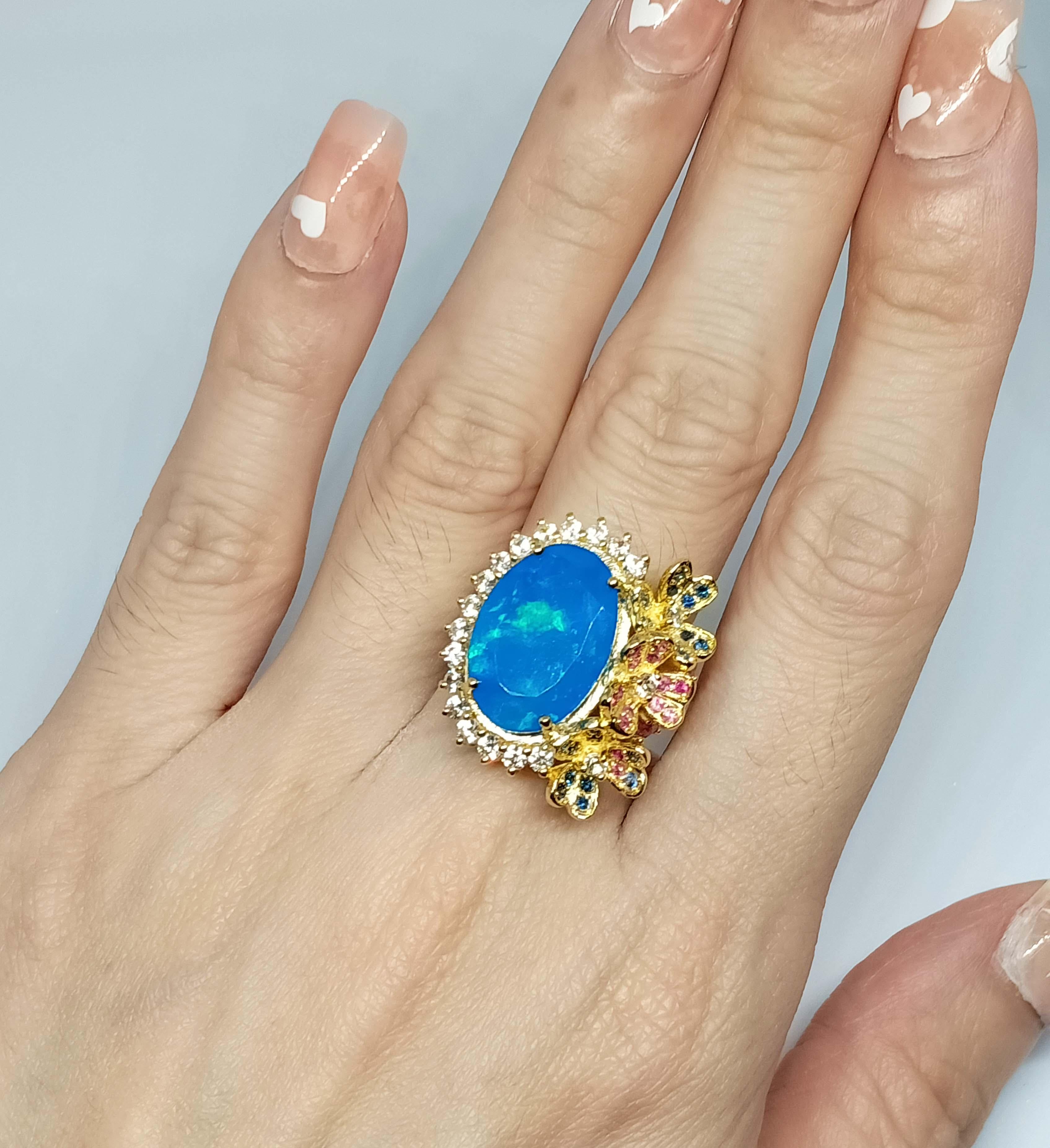 7,12 carati. Anello Opale blu in argento sterling placcato oro 18 carati. in vendita 2
