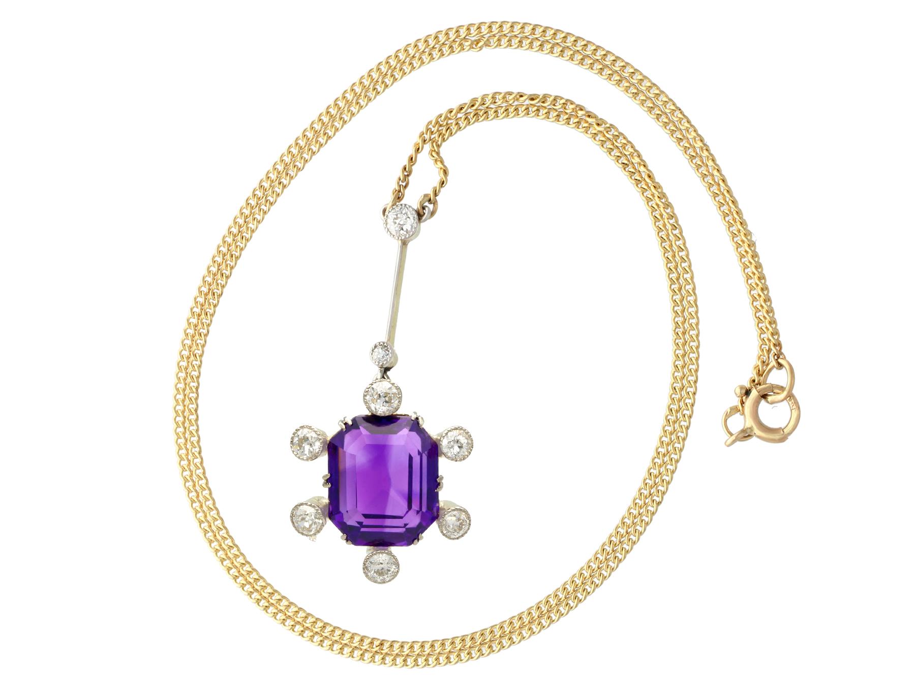 A stunning, fine, and impressive 7.13 carat amethyst and 1.06 carat diamond pendant; part of our diverse antique jewelry collections.

This fine and impressive amethyst pendant has been crafted in 9k yellow gold with a palladium setting and 9k
