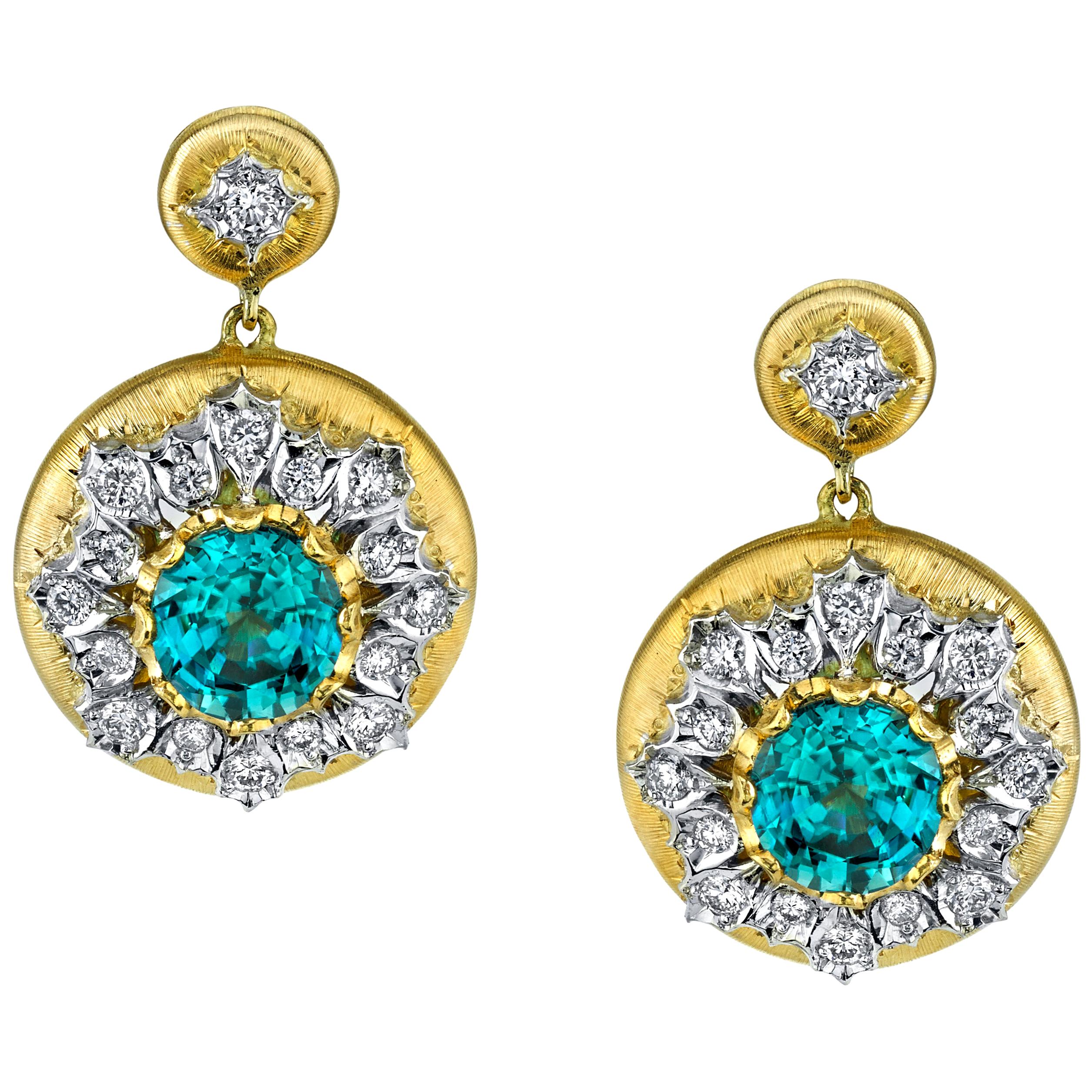 Florentine Style 7 ct. t.w. Blue Zircon, Diamond Two-Toned Gold Drop Earrings
