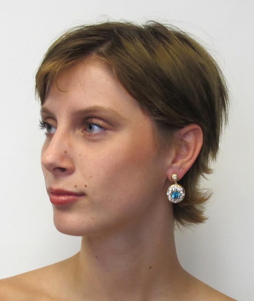 Women's Florentine Style 7 ct. t.w. Blue Zircon, Diamond Two-Toned Gold Drop Earrings