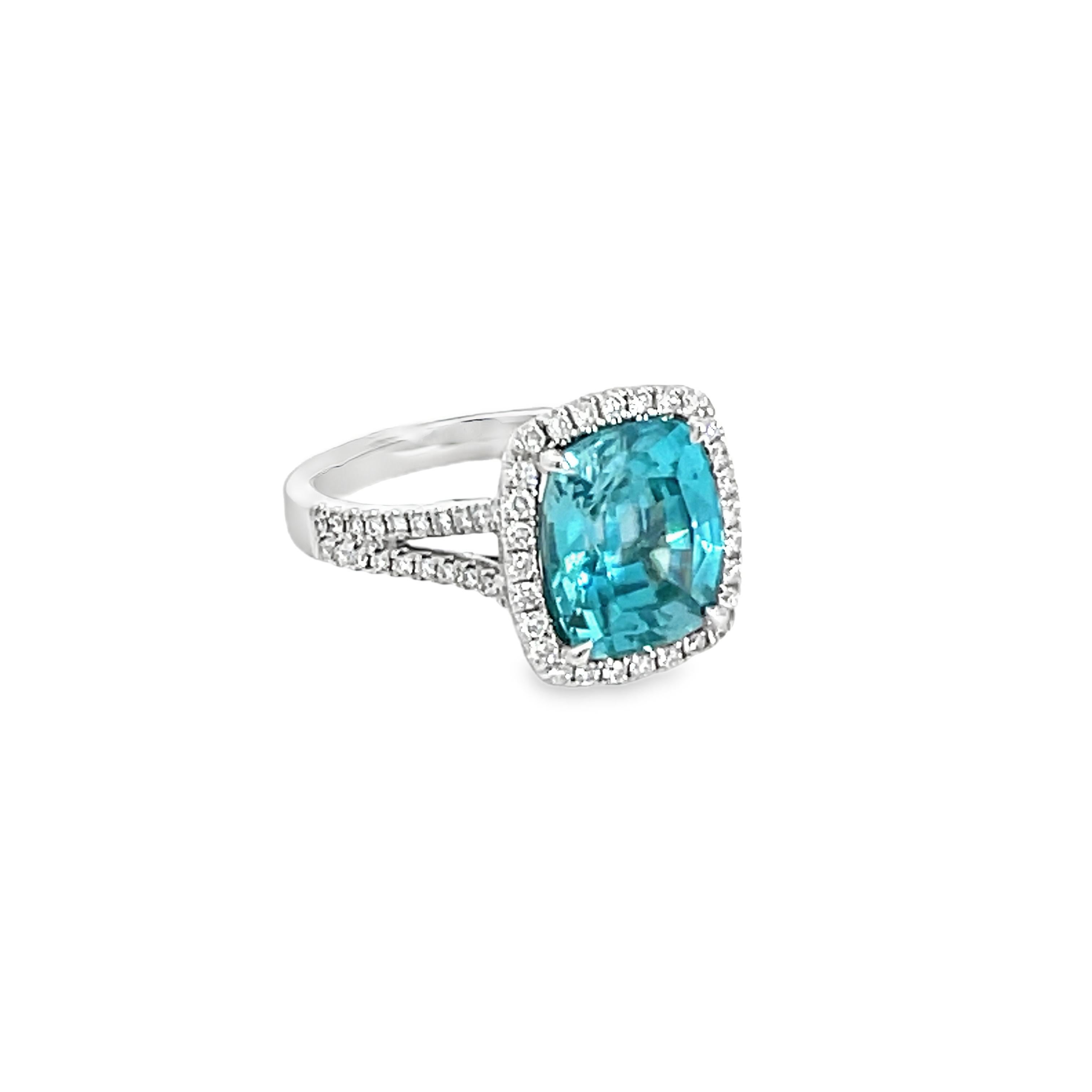 Cushion Cut 7.13 Carat Cushion Blue Zircon and Diamond Ring For Sale