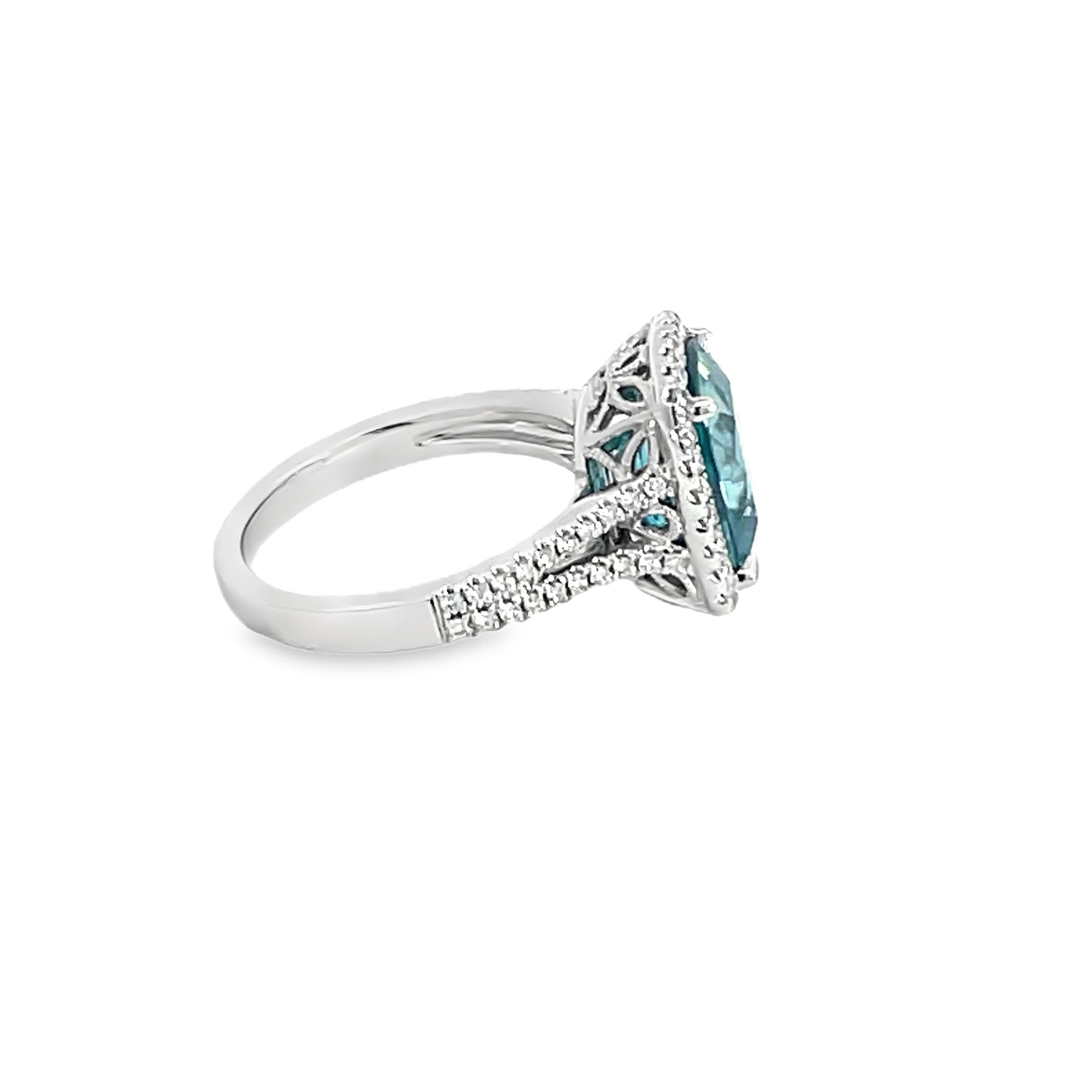 7.13 Carat Cushion Blue Zircon and Diamond Ring In New Condition For Sale In Great Neck, NY