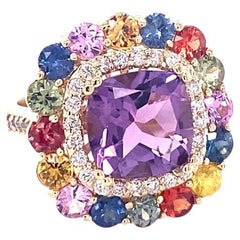 Natural Cushion Cut Amethyst Sapphire Diamond Yellow Gold Cocktail Ring