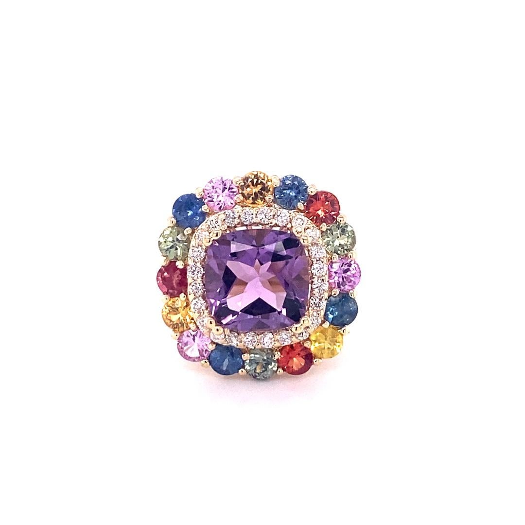 Contemporary 7.13 Carat Cushion Cut Amethyst Sapphire Diamond Yellow Gold Cocktail Ring For Sale