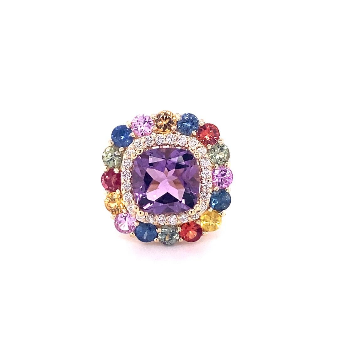 Modern Natural Cushion Cut Amethyst Sapphire Diamond Yellow Gold Cocktail Ring For Sale