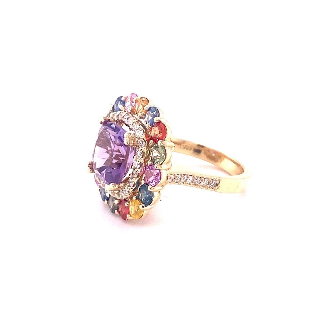 Women's Natural Cushion Cut Amethyst Sapphire Diamond Yellow Gold Cocktail Ring For Sale
