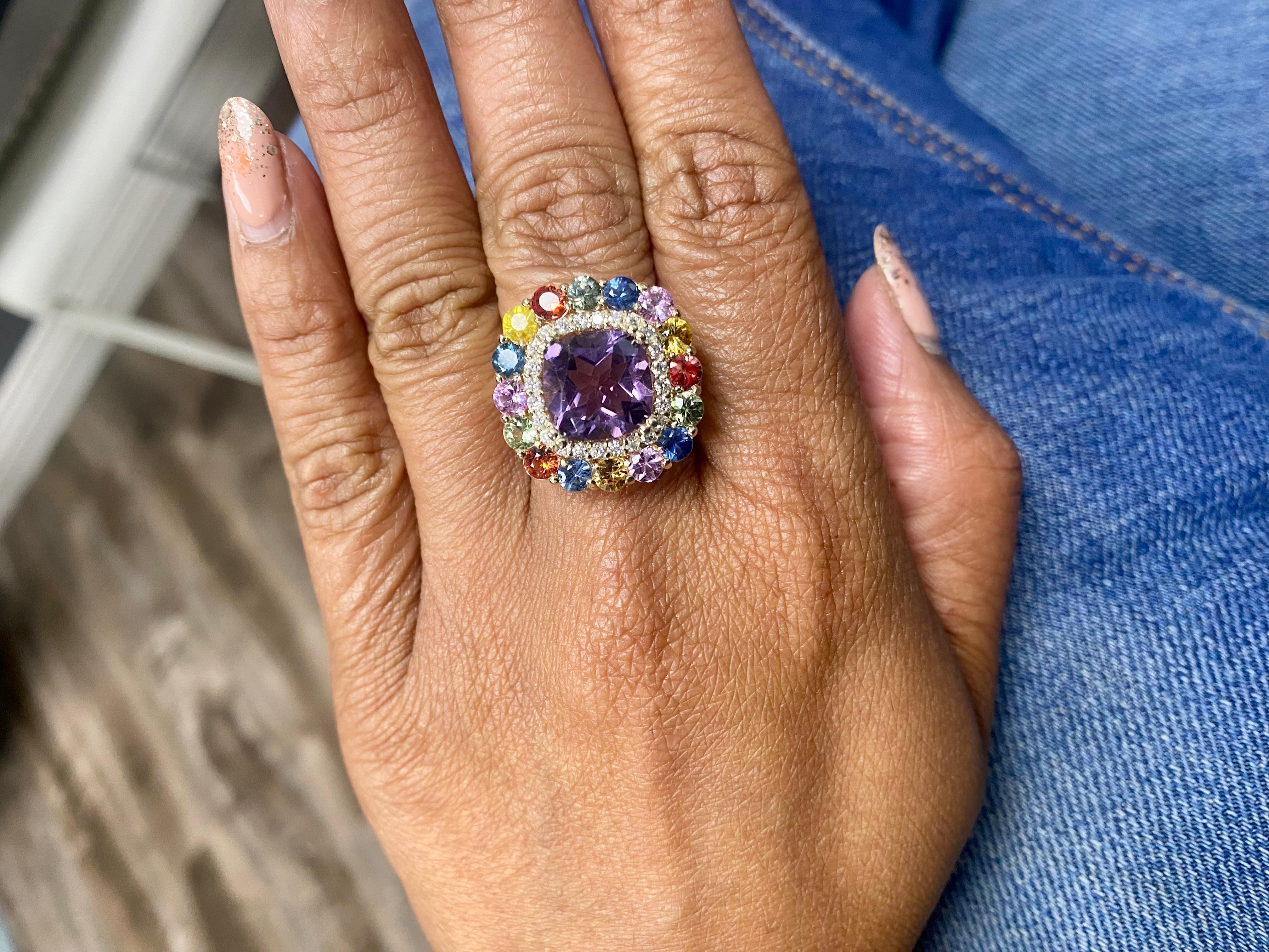 7.13 Carat Cushion Cut Amethyst Sapphire Diamond Yellow Gold Cocktail Ring For Sale 2