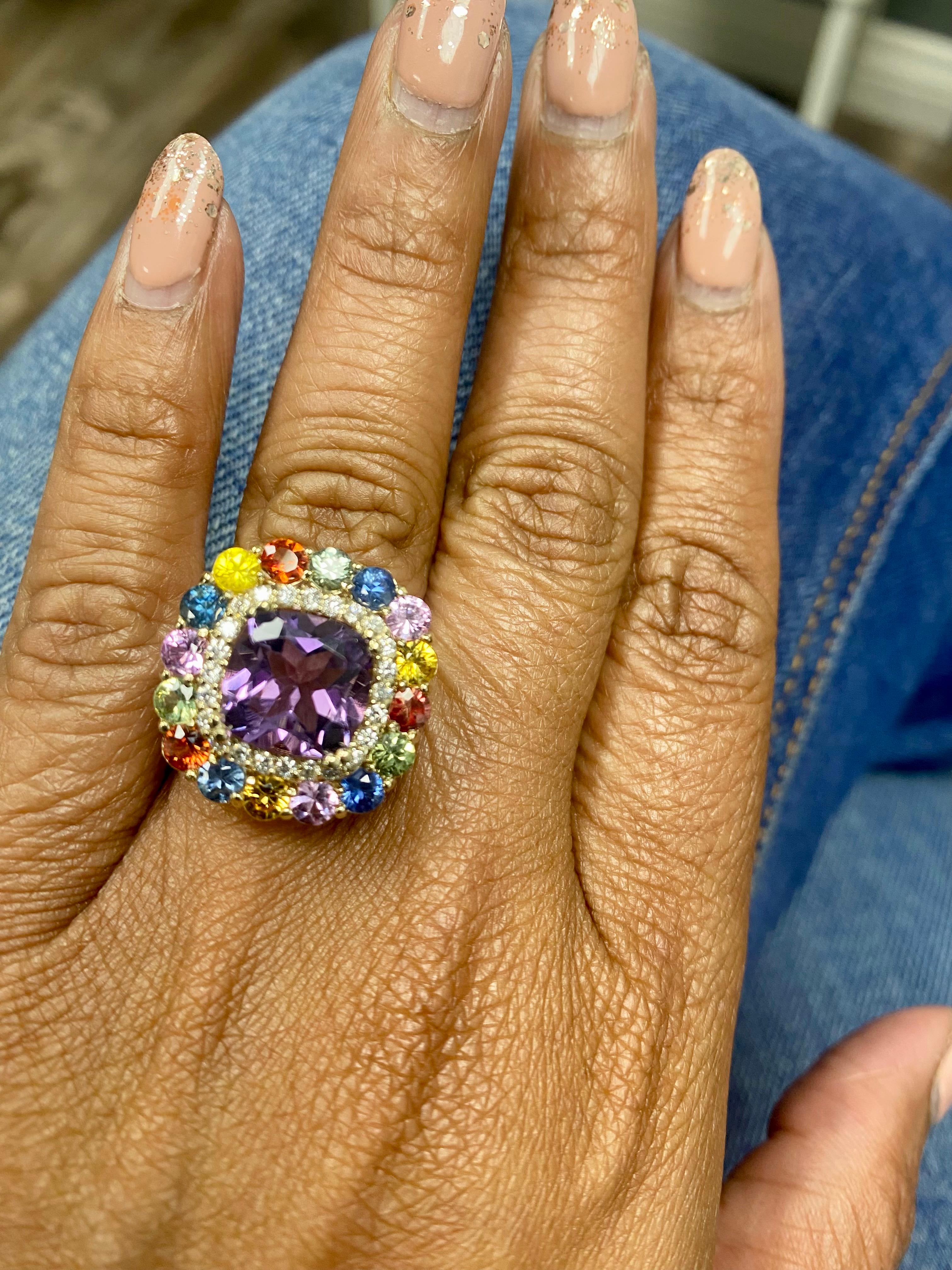 Natural Cushion Cut Amethyst Sapphire Diamond Yellow Gold Cocktail Ring For Sale 2