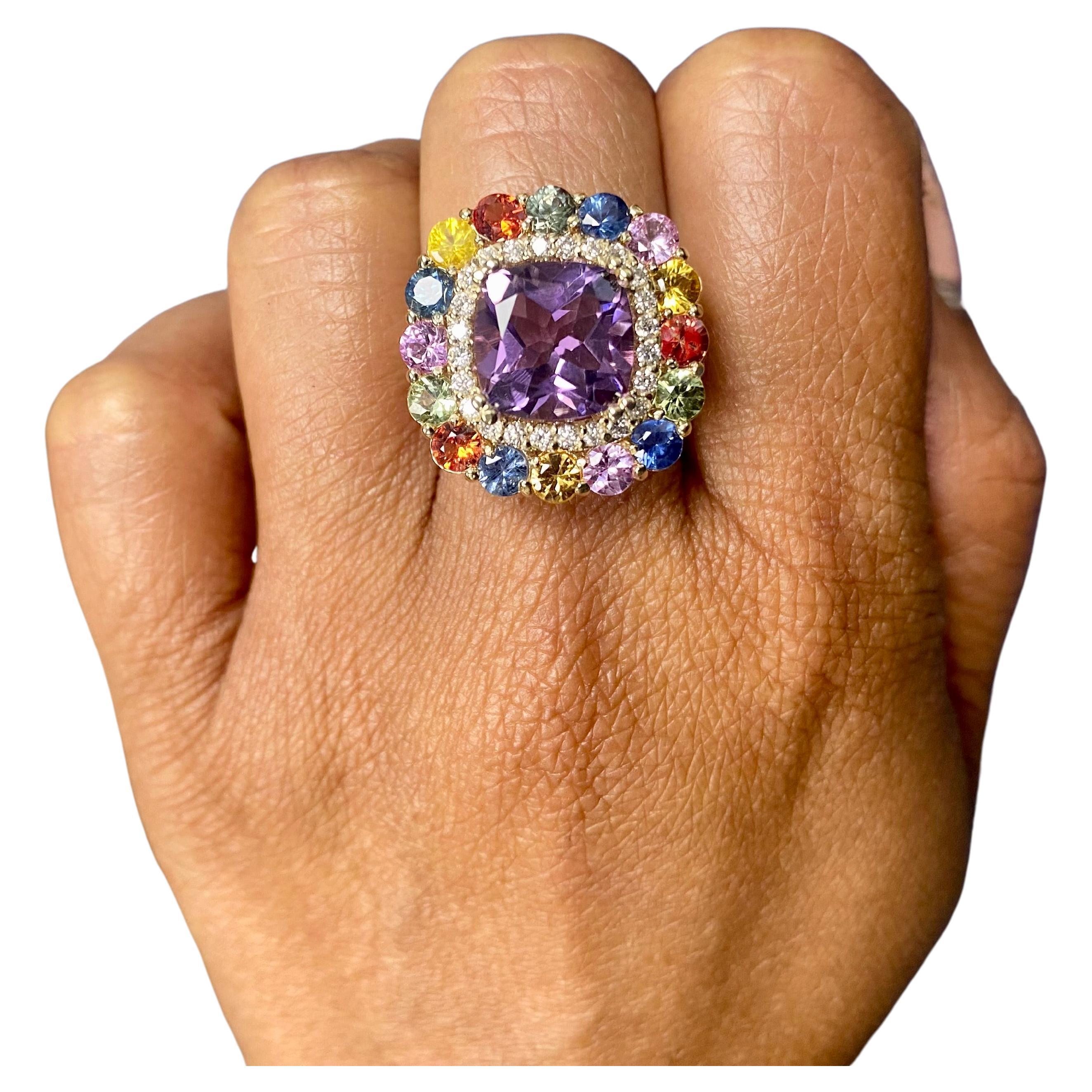 Natural Cushion Cut Amethyst Sapphire Diamond Yellow Gold Cocktail Ring For Sale 3