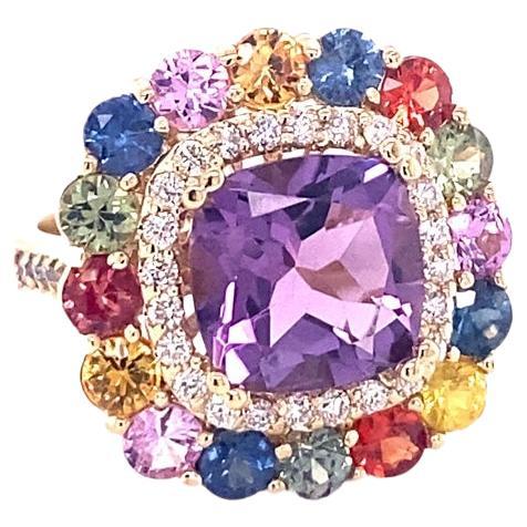 7.13 Carat Cushion Cut Amethyst Sapphire Diamond Yellow Gold Cocktail Ring