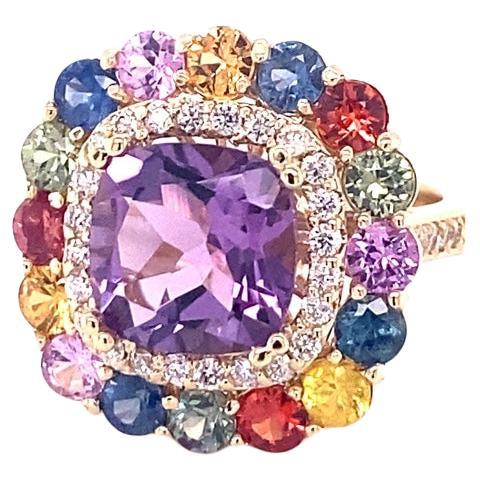 Natural Cushion Cut Amethyst Sapphire Diamond Yellow Gold Cocktail Ring For Sale