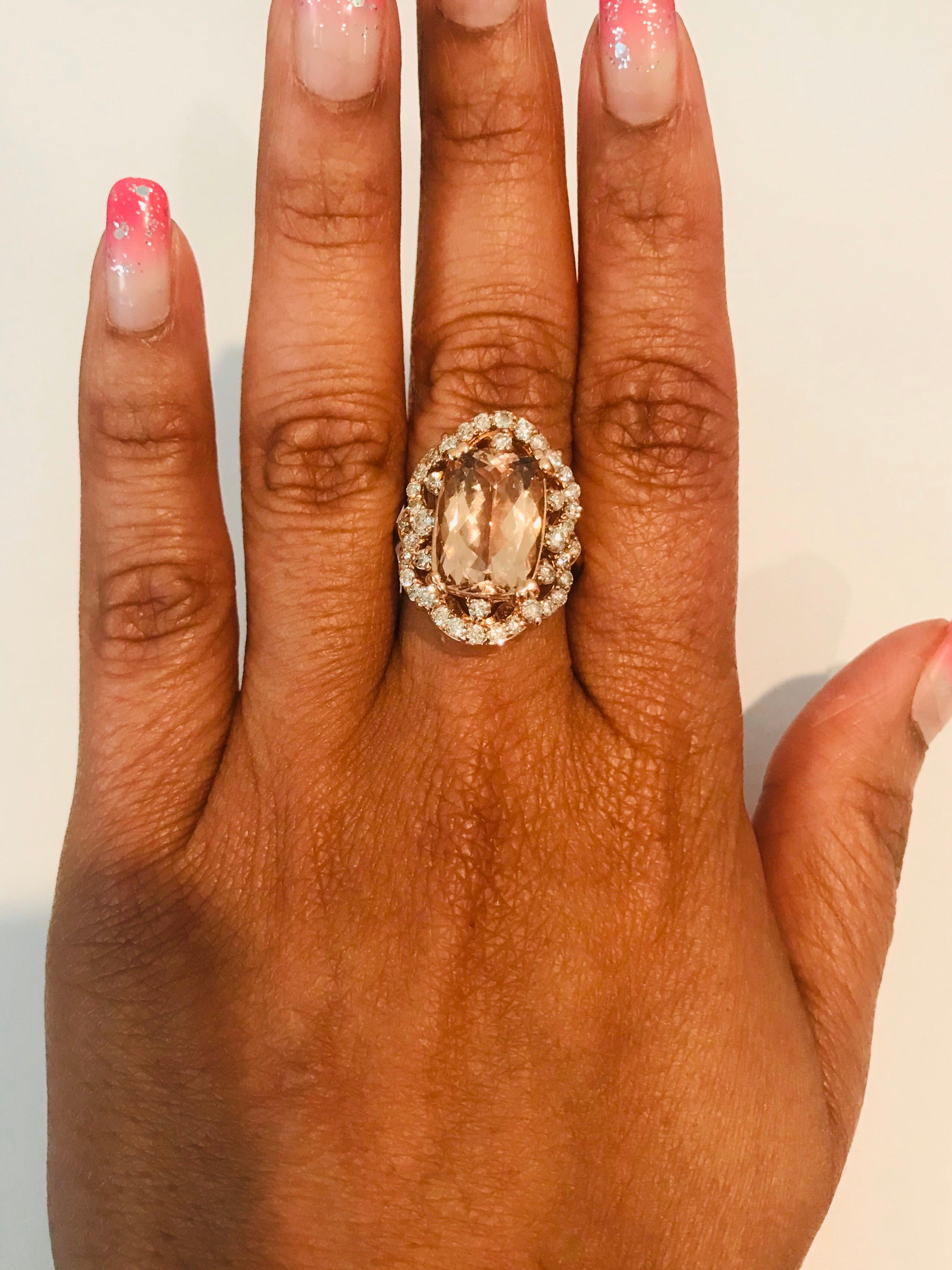 Contemporary 7.13 Carat Morganite Diamond 14 Karat Rose Gold Cocktail Ring For Sale