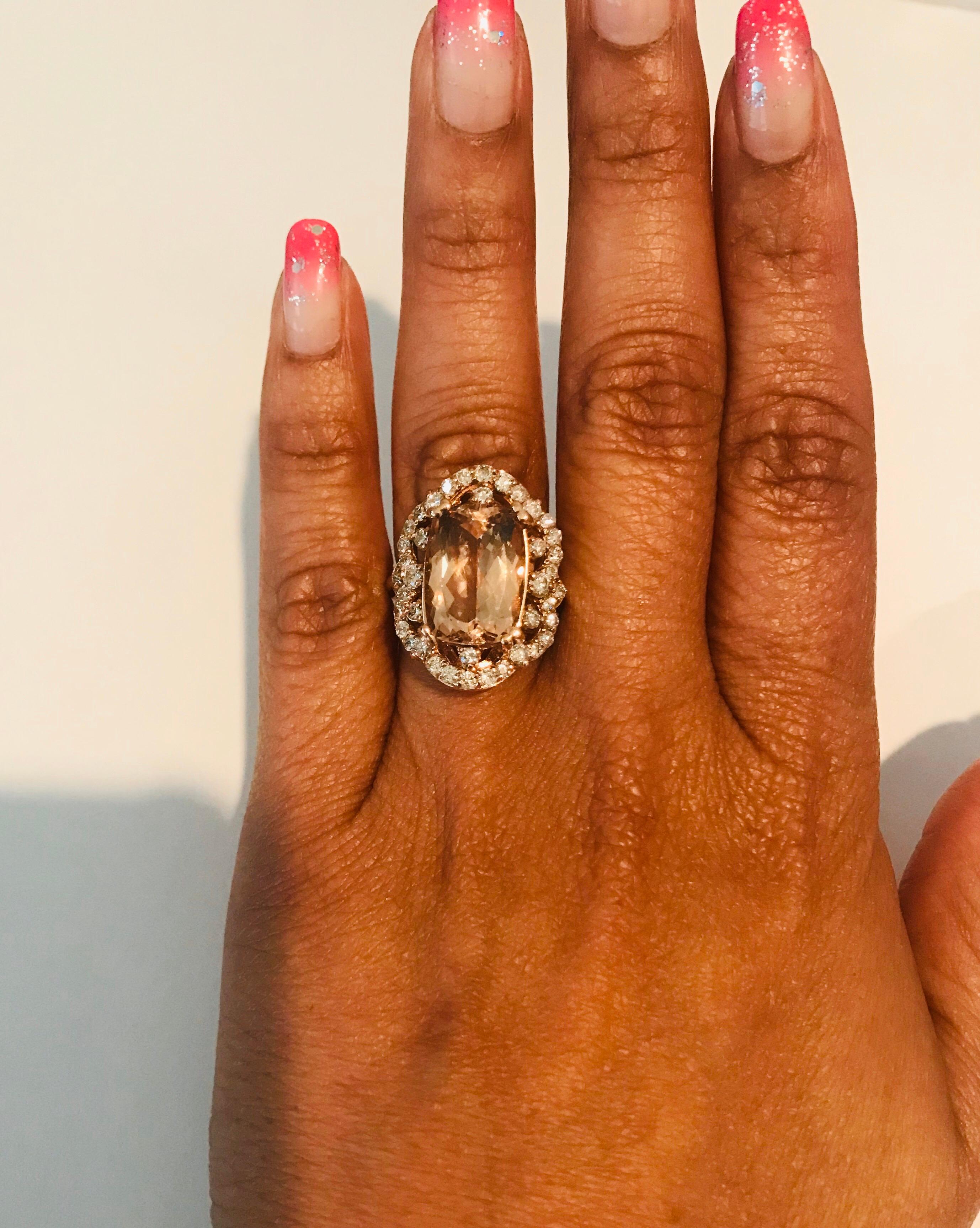 Oval Cut 7.13 Carat Morganite Diamond 14 Karat Rose Gold Cocktail Ring For Sale