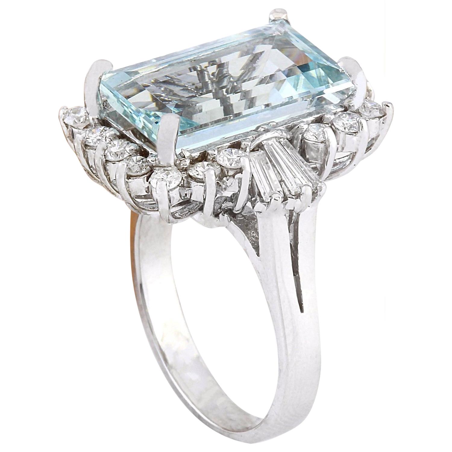 Emerald Cut Aquamarine Diamond Ring In 14 Karat Solid White Gold  For Sale