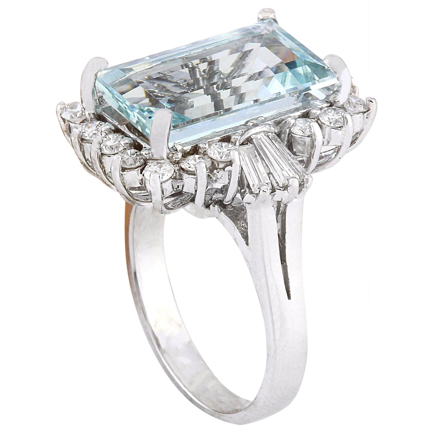 Emerald Cut Aquamarine Diamond Ring In 14 Karat Solid White Gold For Sale