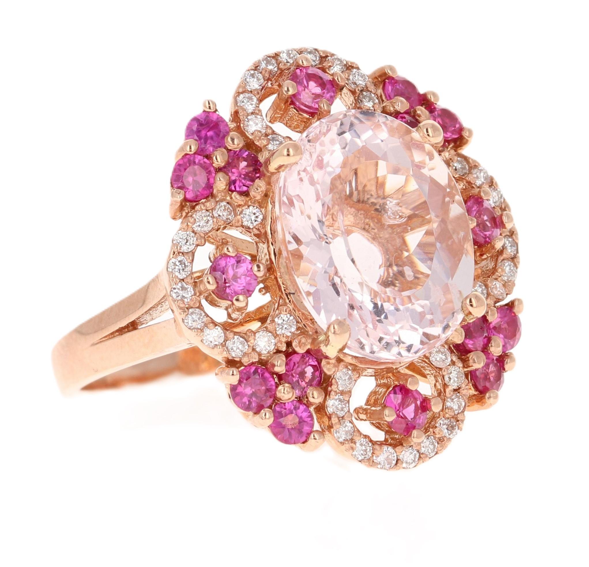 7.13 Carat Oval Cut Pink Morganite Sapphire Diamond Rose Gold Cocktail Ring 

This ring has a pink oval cut morganite that weighs 5.86 carats
and natural pink Sapphires that weigh 1.00 carat and also, natural 
round cut diamonds that weigh 0.27