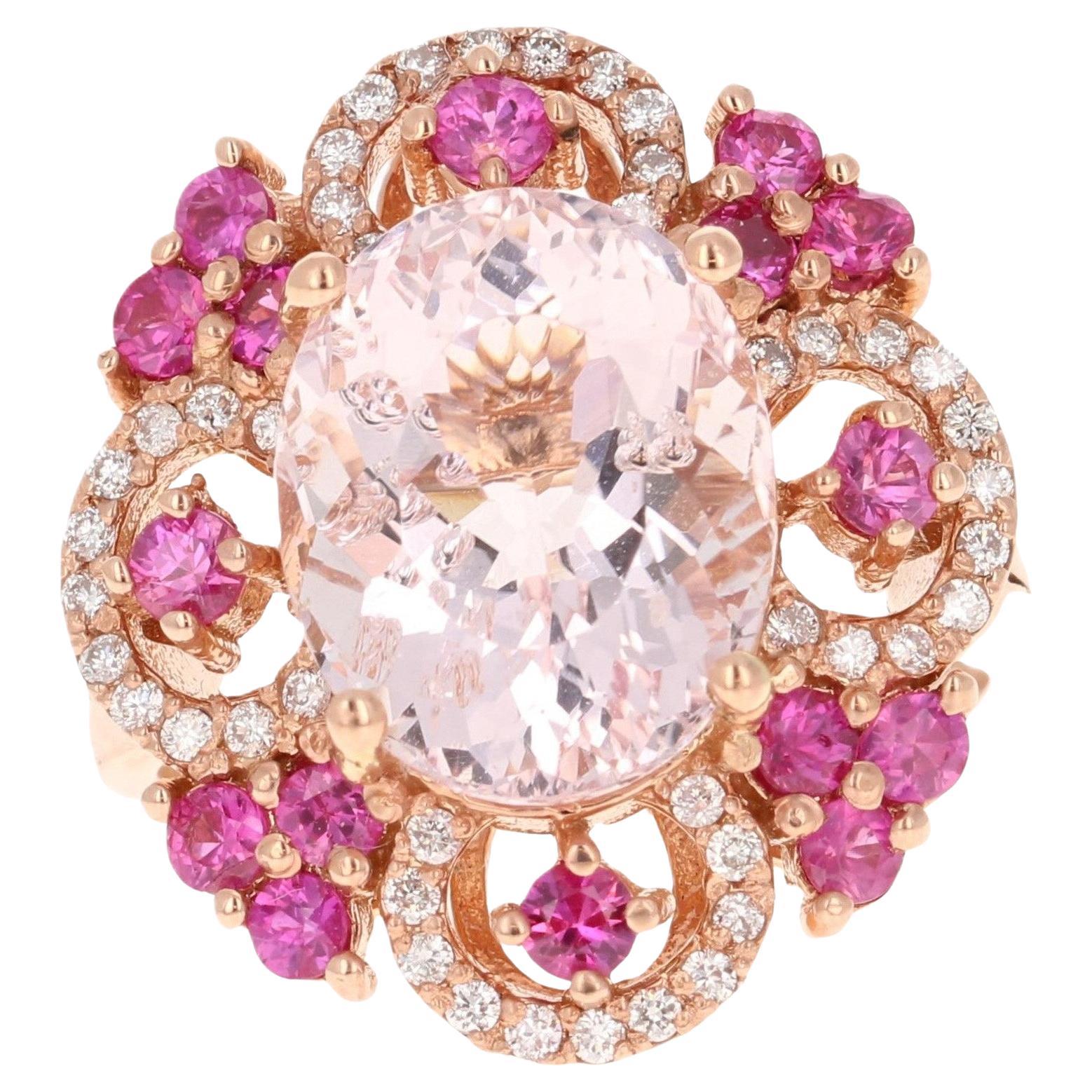 7.13 Carat Pink Morganite Sapphire Diamond Rose Gold Cocktail Ring