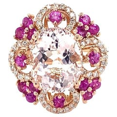7.13 Carat Oval Cut Pink Morganite Sapphire Diamond Rose Gold Cocktail Ring 