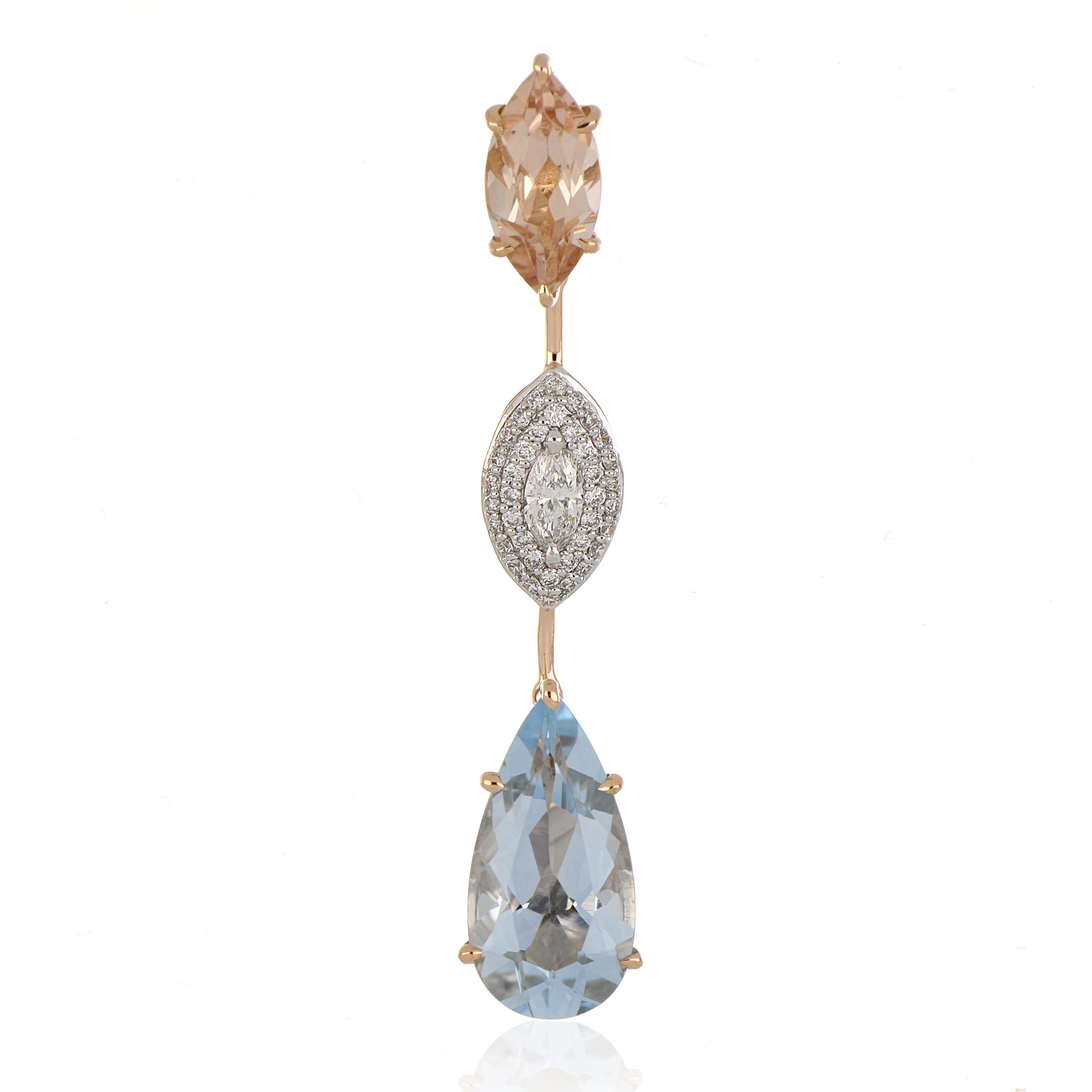 7.13 Carat Total Morganite and Aquamarine Earring with Diamonds in 18 Karat Gold In New Condition For Sale In JAIPUR, IN