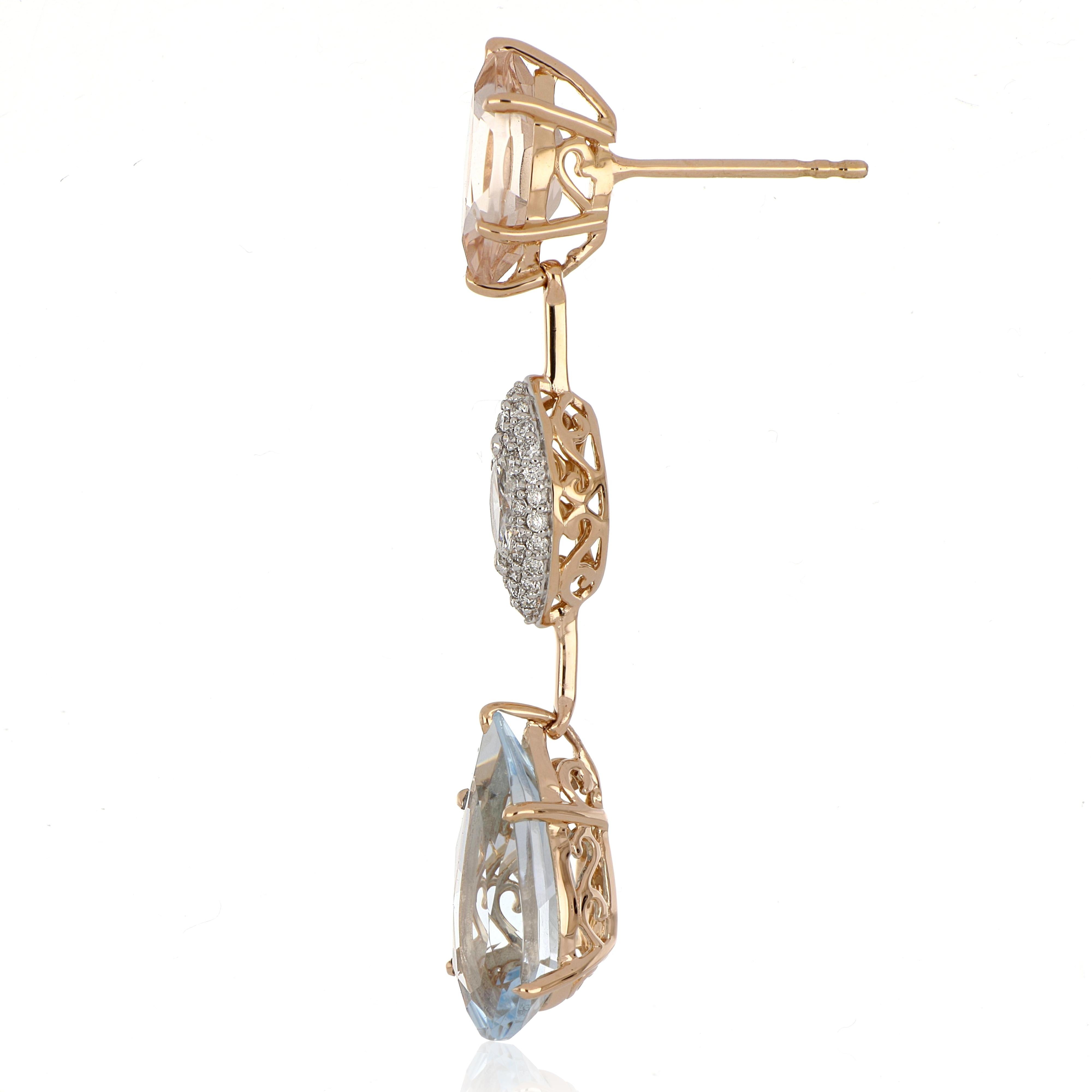 7.13 Carat Total Morganite and Aquamarine Earring with Diamonds in 18 Karat Gold For Sale 1