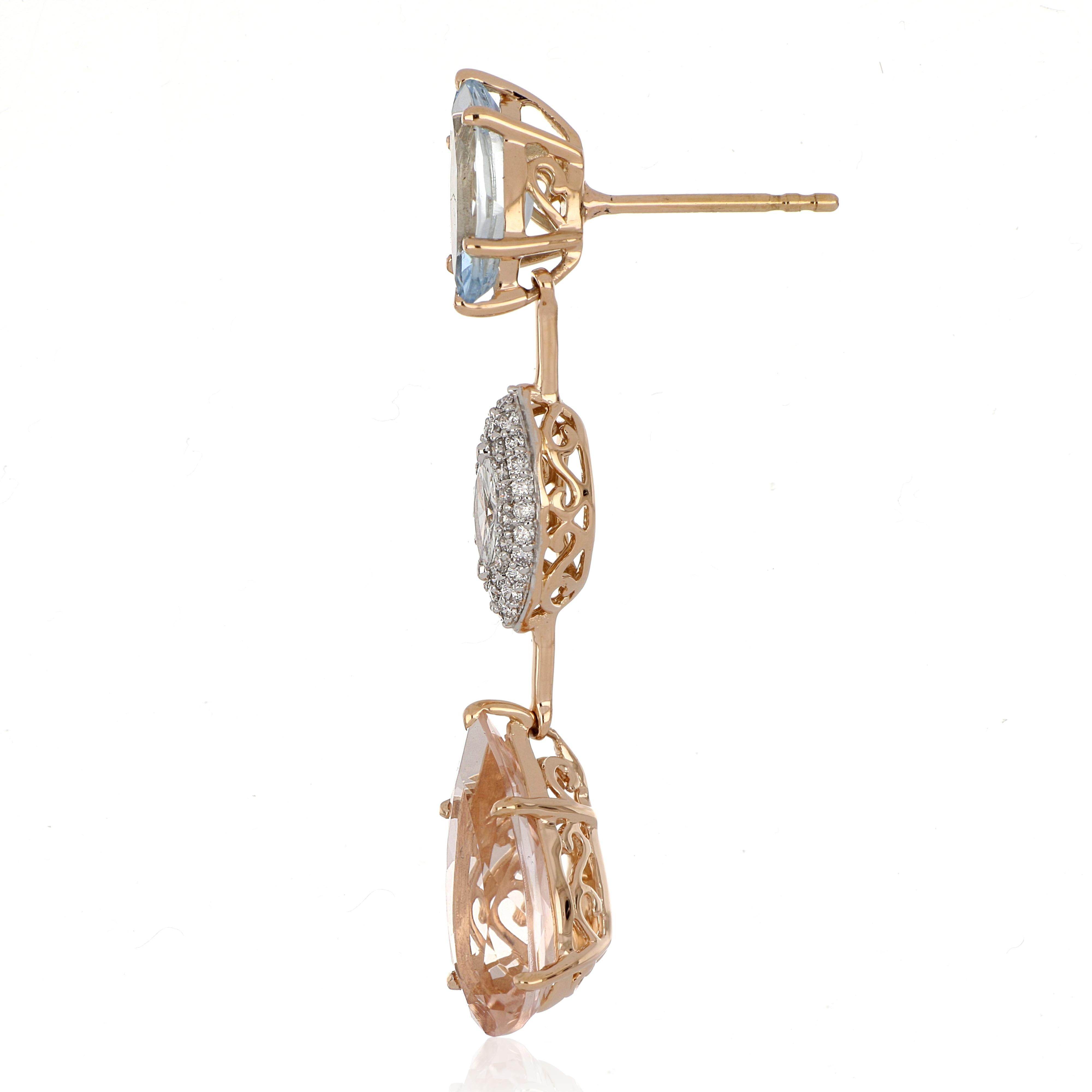 7.13 Carat Total Morganite and Aquamarine Earring with Diamonds in 18 Karat Gold For Sale 2