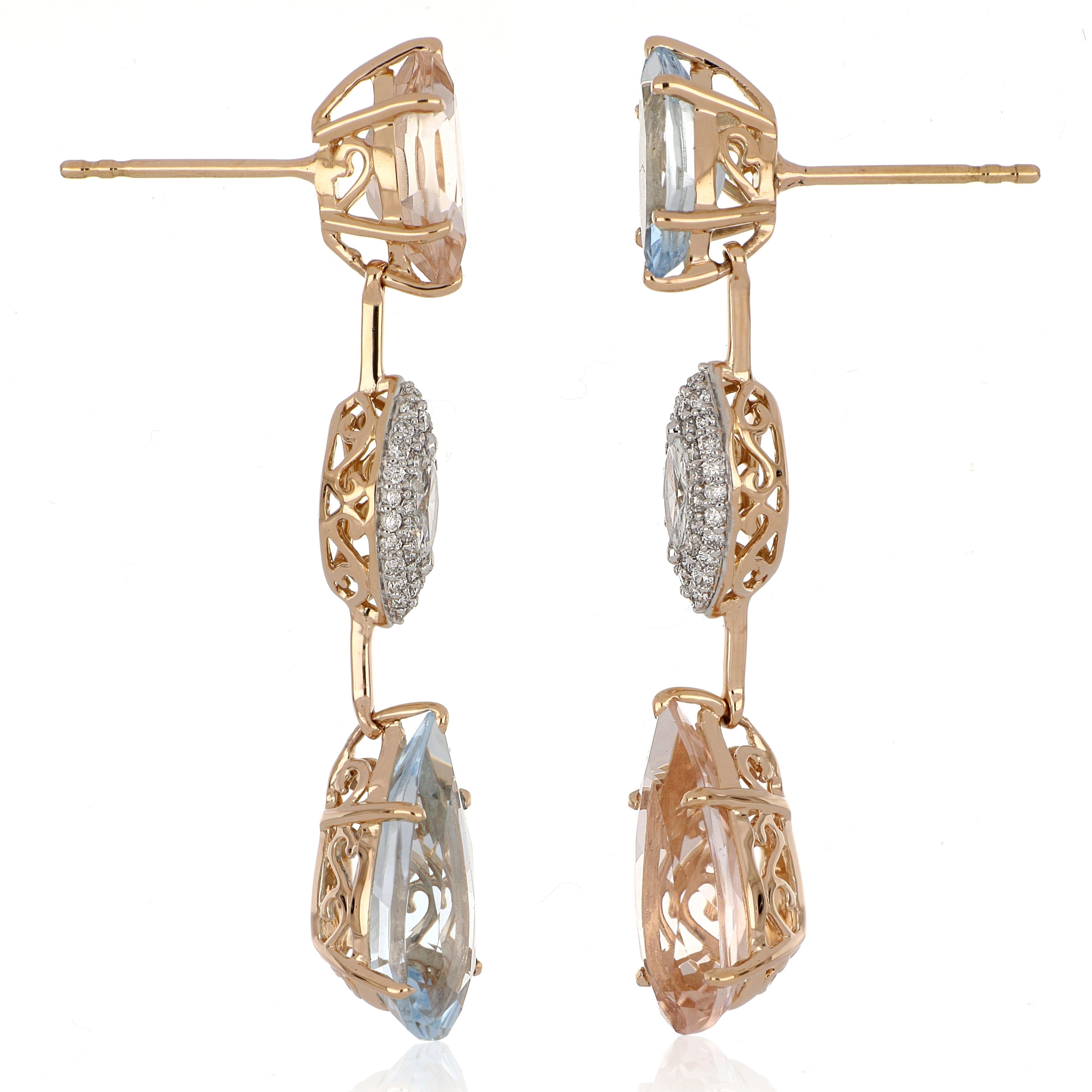 Contemporary 7.13 Carat Total Morganite and Aquamarine Earring with Diamonds in 18 Karat Gold For Sale