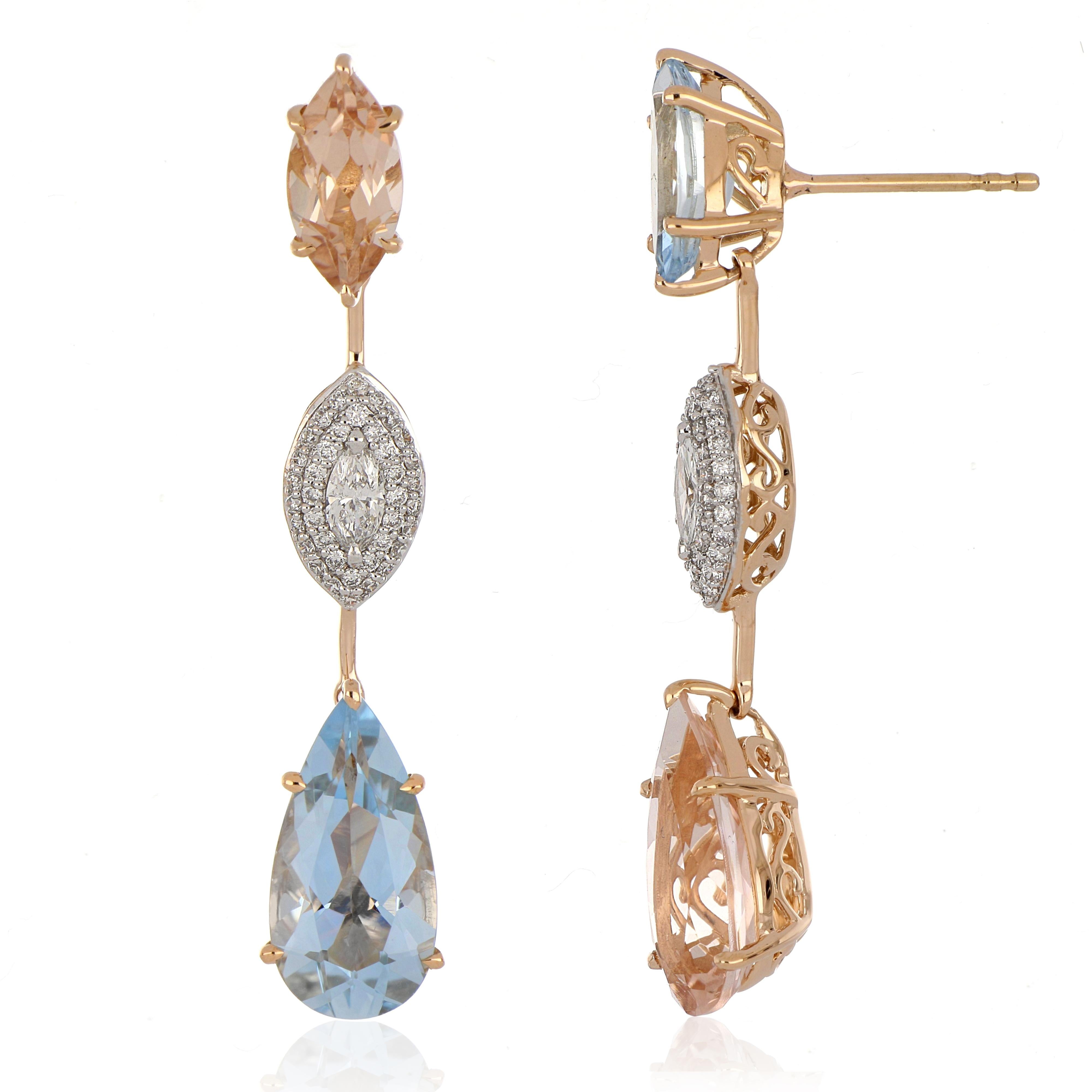 Elegant and Exquisitely detailed Mismatched Dangling Gold Earrings, set with 3.48 Ct (total ) Aquamarine, 3.65 Cts (total)  Morganite, accented with Marquise and Round Diamonds, weighing approx. 0.52 Cts. total carat weight.  Beautifully Hand