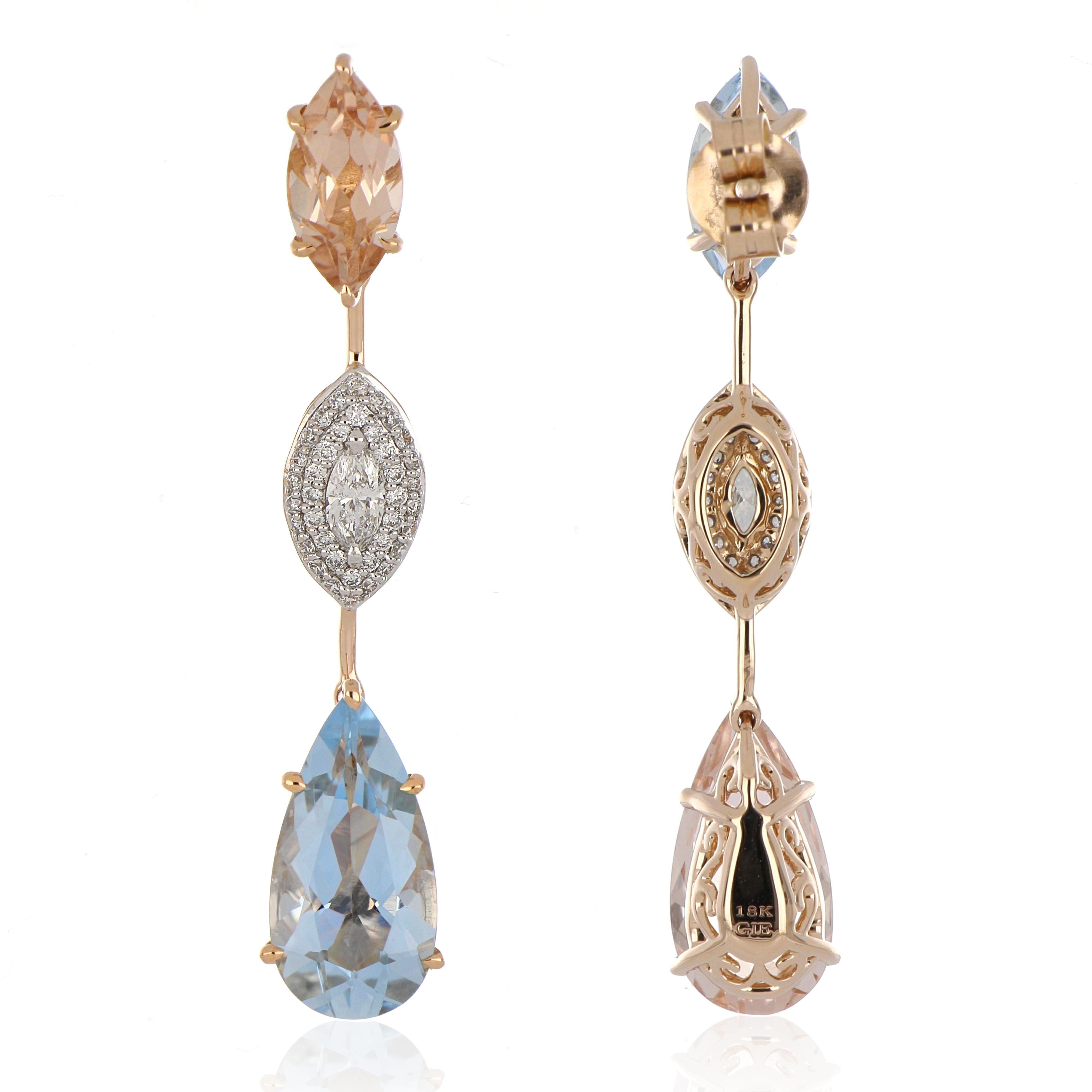 Marquise Cut 7.13 Carat Total Morganite and Aquamarine Earring with Diamonds in 18 Karat Gold For Sale