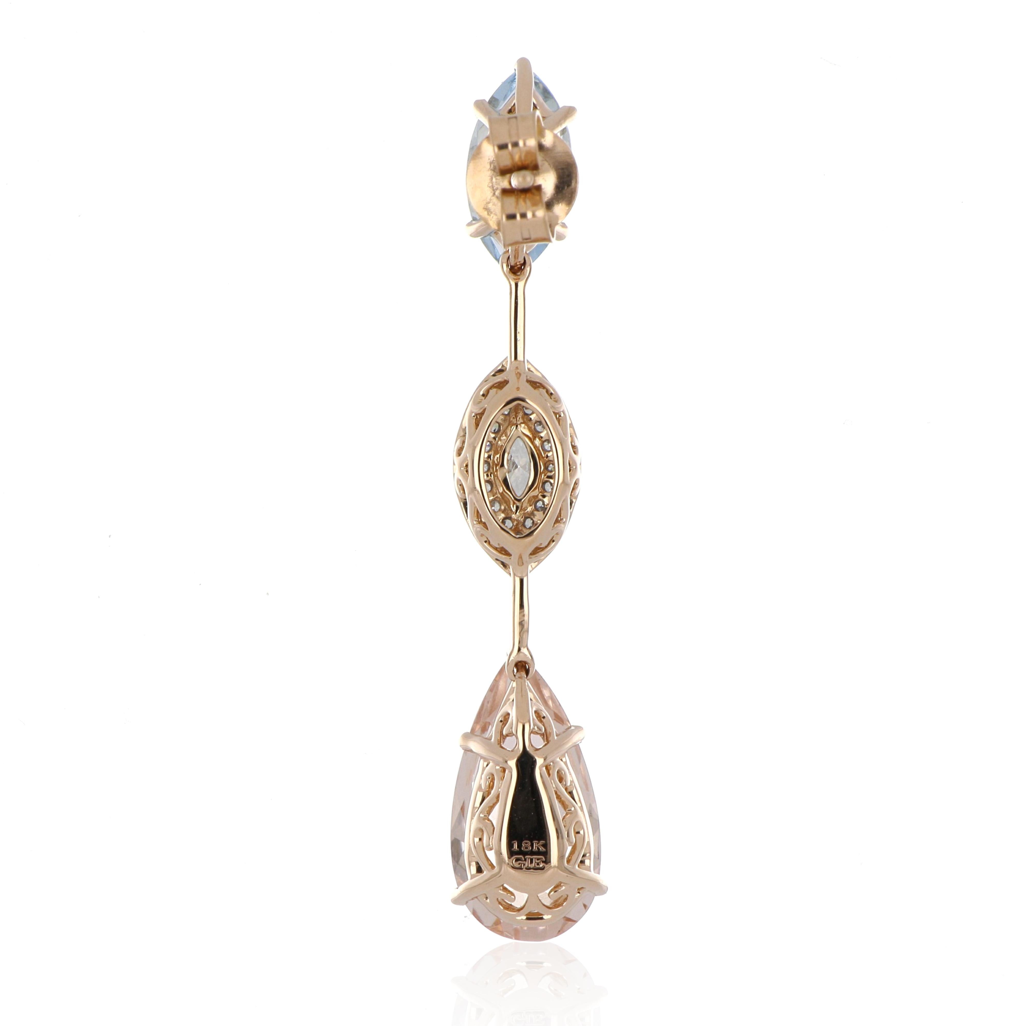 7.13 Carat Total Morganite and Aquamarine Earring with Diamonds in 18 Karat Gold For Sale 3