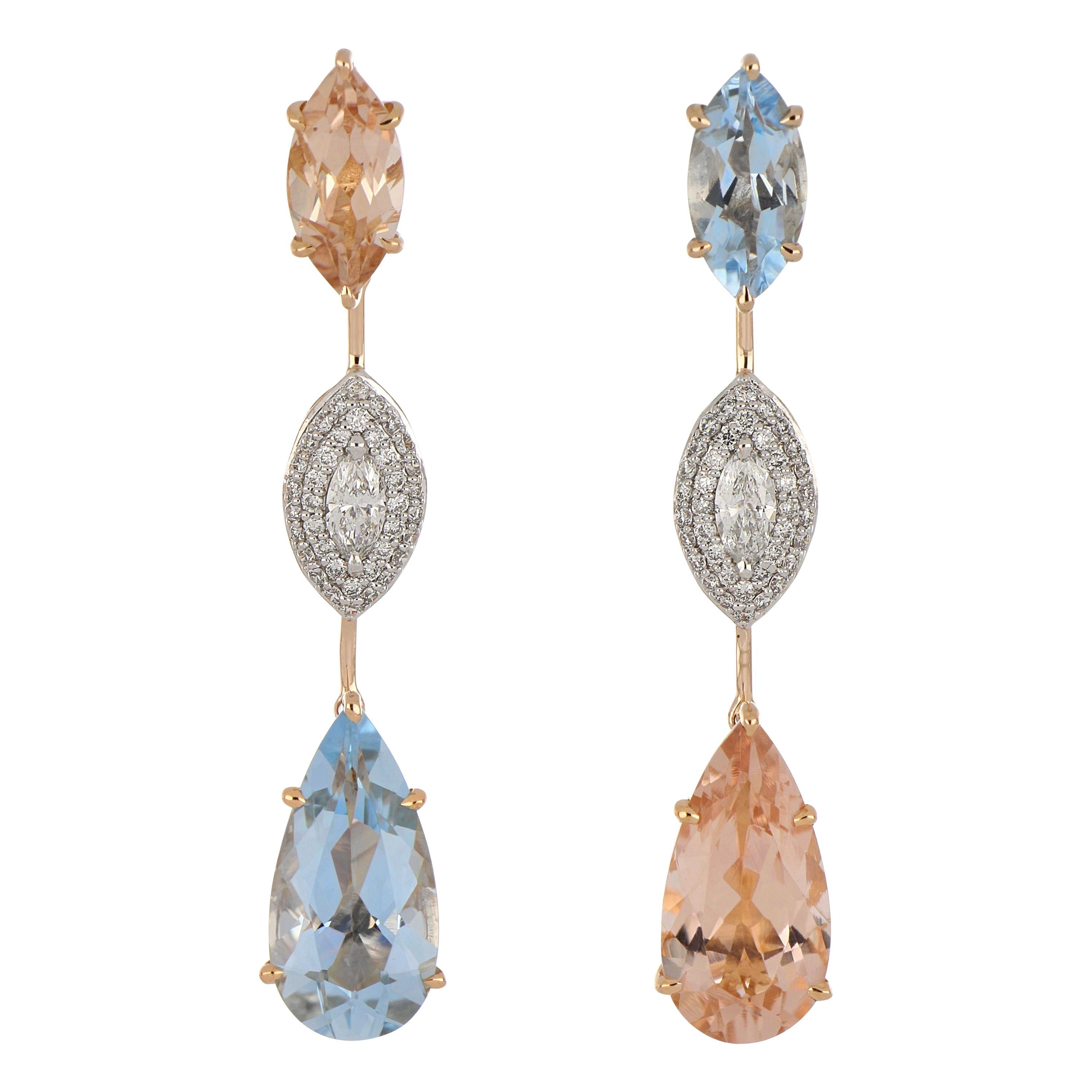 7.13 Carat Total Morganite and Aquamarine Earring with Diamonds in 18 Karat Gold For Sale