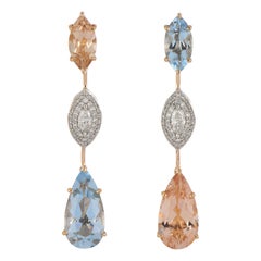 Boucles d'oreilles en or 18 carats avec Morganite et aigue-marine de 7,13 carats au total et diamants