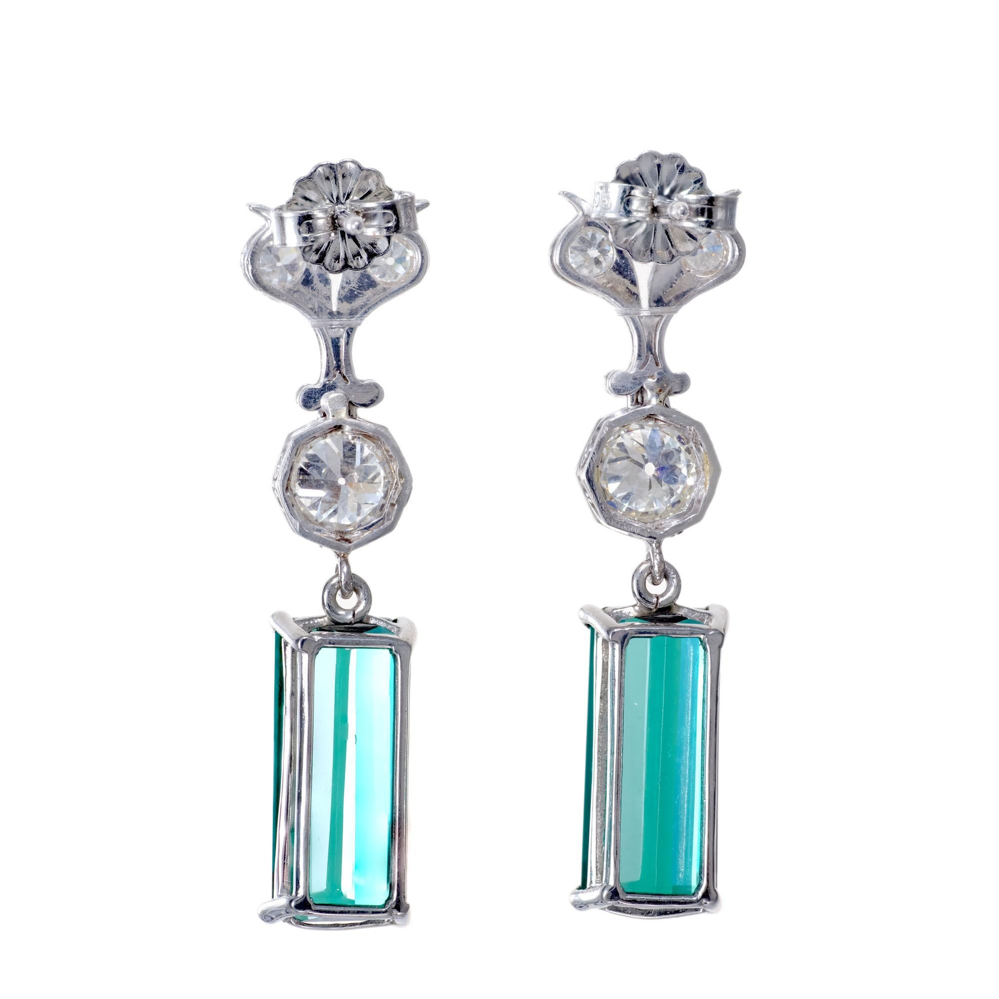 Old European Cut 7.13 Carat Tourmaline Diamond Platinum Art Deco Dangle Earrings For Sale