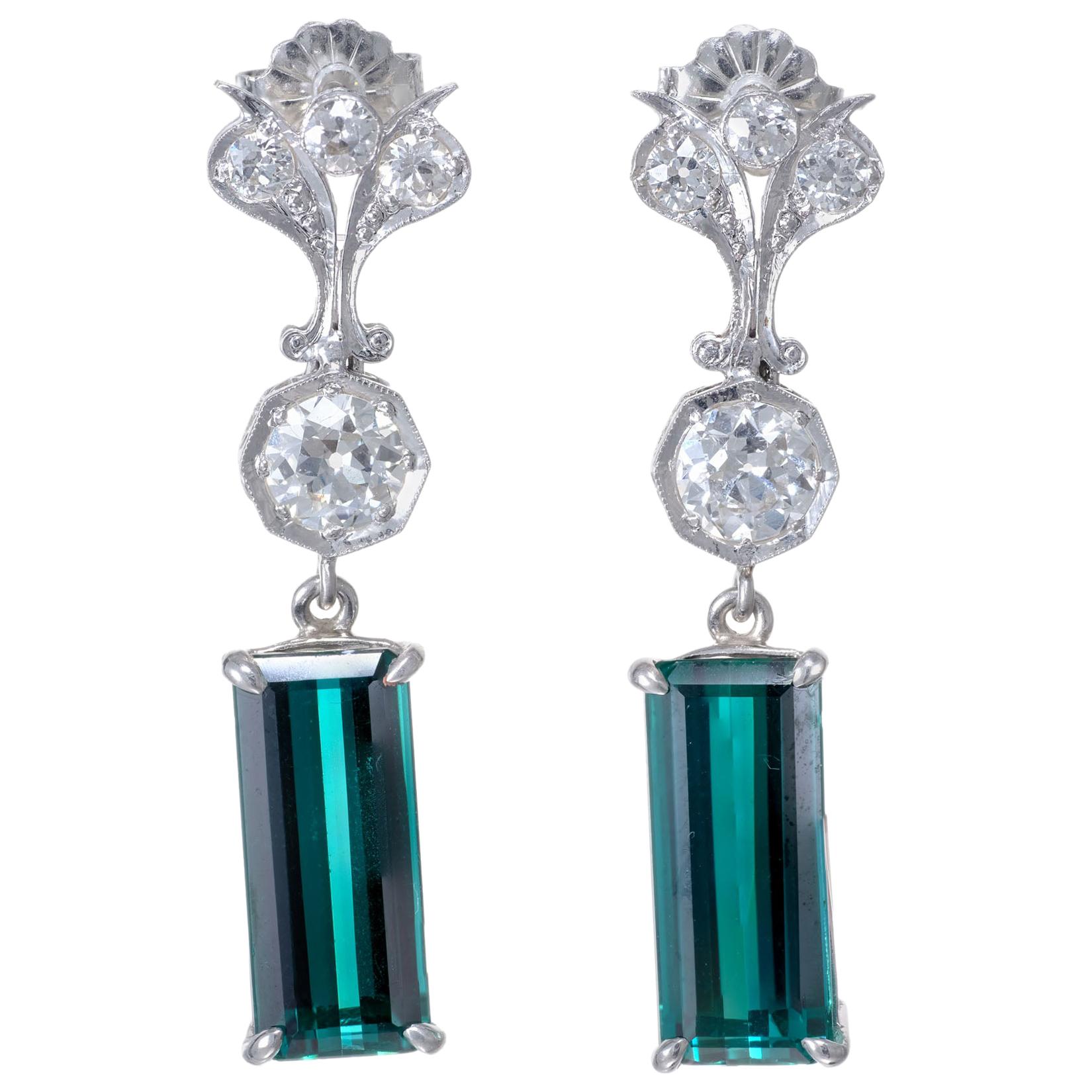7.13 Carat Tourmaline Diamond Platinum Art Deco Dangle Earrings For Sale