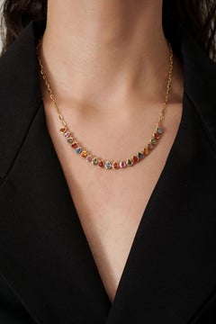 7.13ct Graduated Pear Bezel Set Rainbow Sapphire Station Necklace in 14K Gold