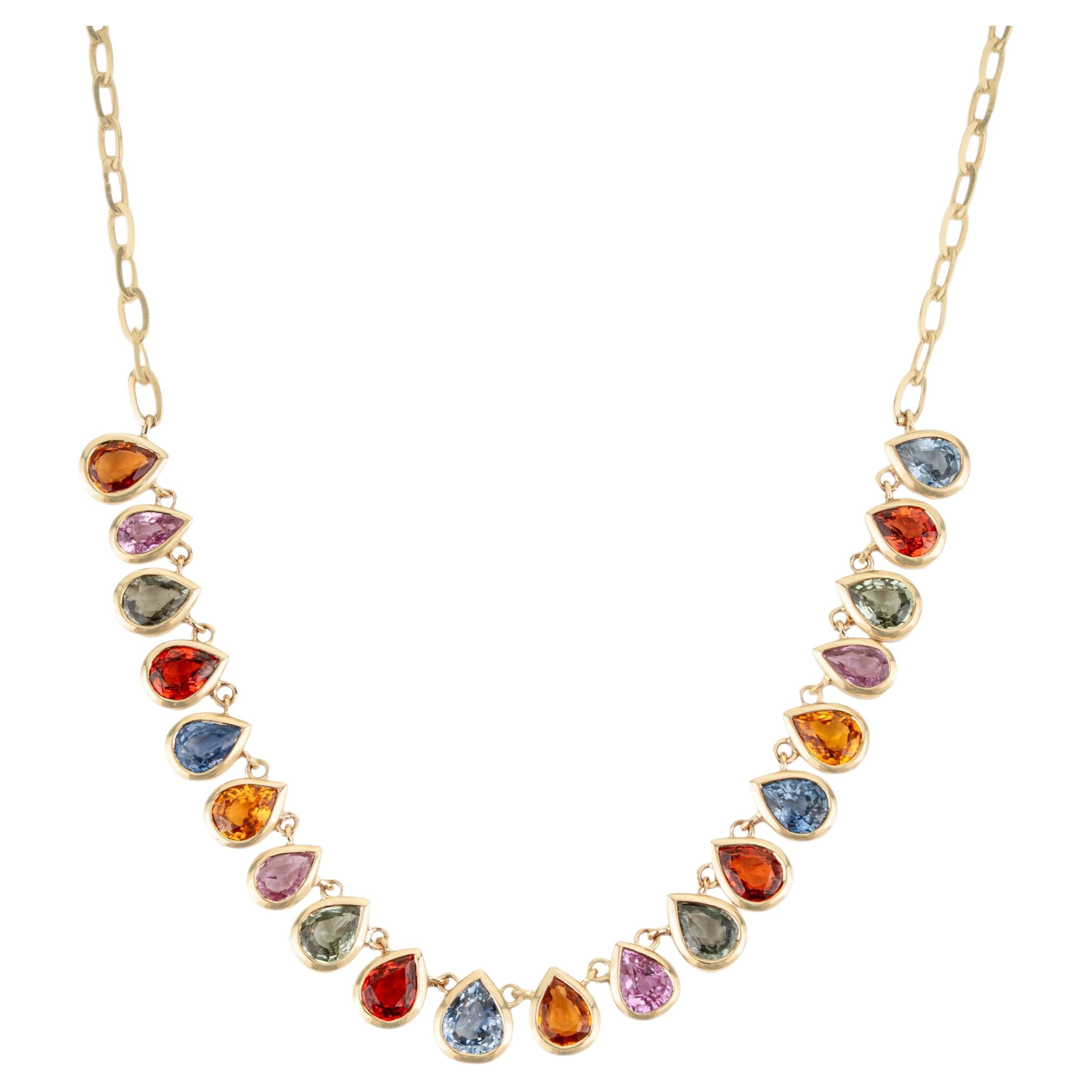 7.13ct Graduated Pear Bezel Set Rainbow Sapphire Station Necklace in 14K Gold