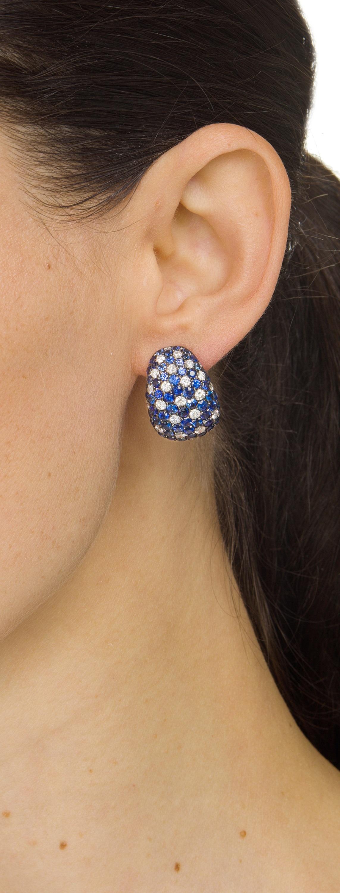 The beauty of a semicircular frame is unrivaled. This Nigaam earring is made of 18K white gold and pave black rhodium and features a 7.14-carat blue sapphire and a 2.23 carat round diamond. Its gleaming ability as a decoration is outstanding, and it