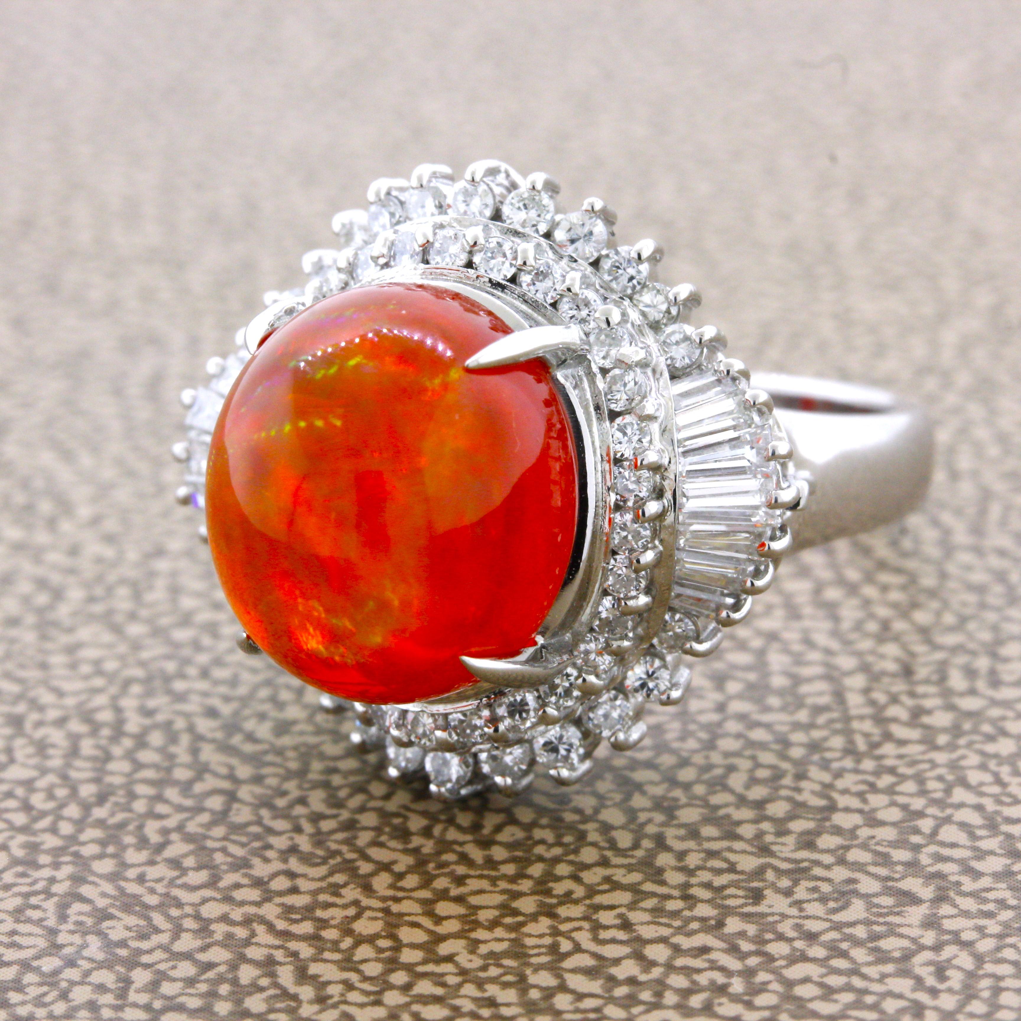 Cabochon 7.14 Carat Mexican Fire Opal Diamond Platinum Ring For Sale
