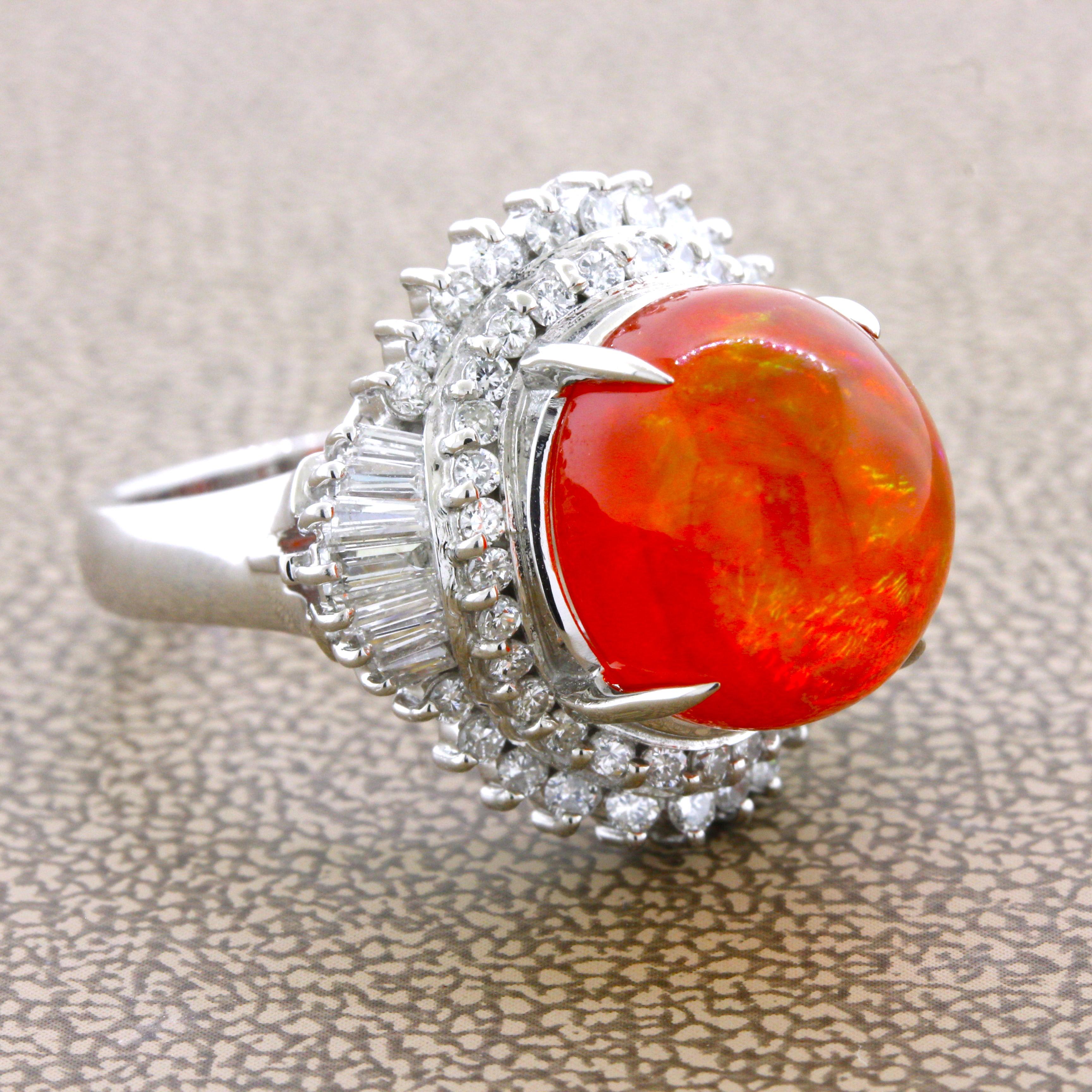 7.14 Carat Mexican Fire Opal Diamond Platinum Ring In New Condition For Sale In Beverly Hills, CA