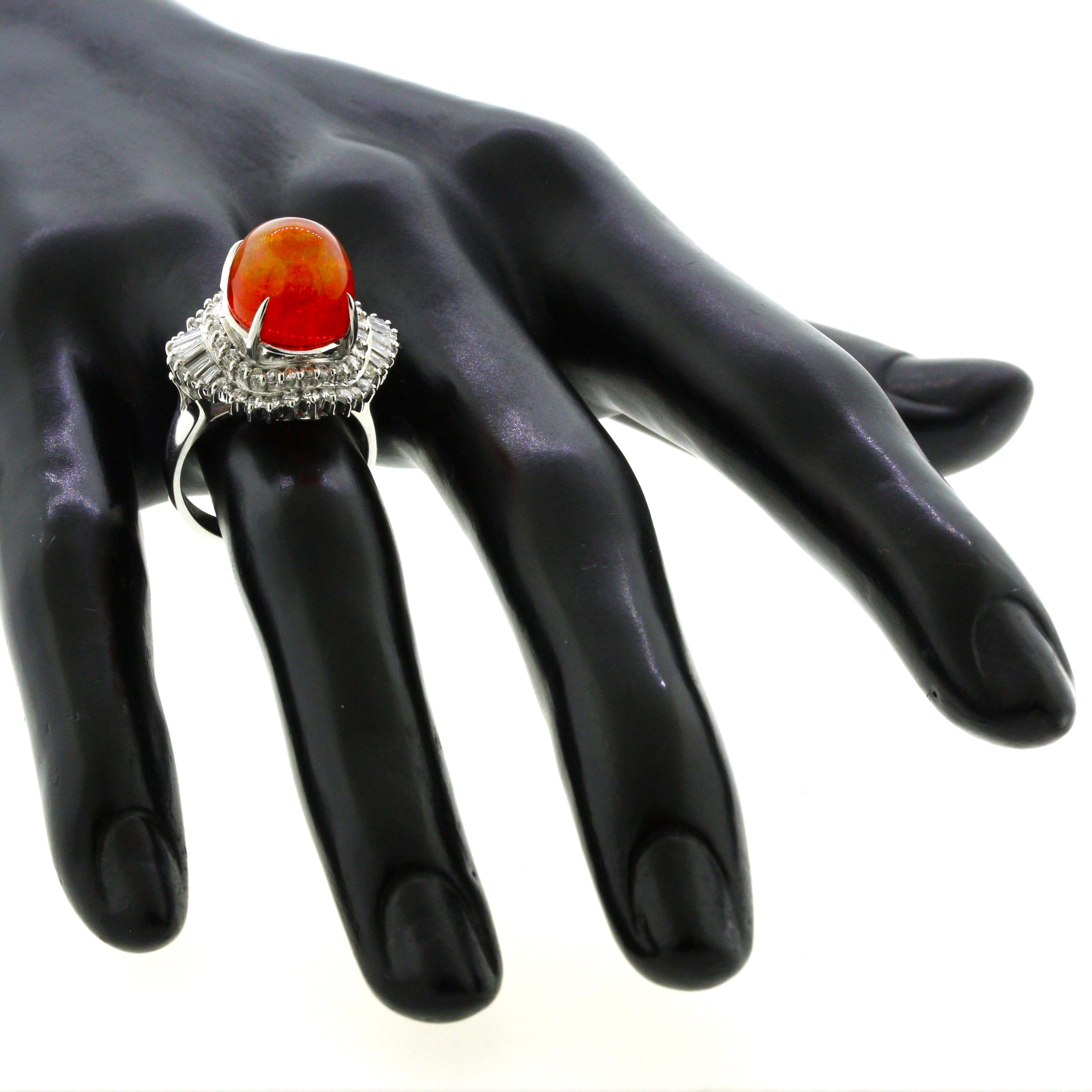 7.14 Carat Mexican Fire Opal Diamond Platinum Ring For Sale 1