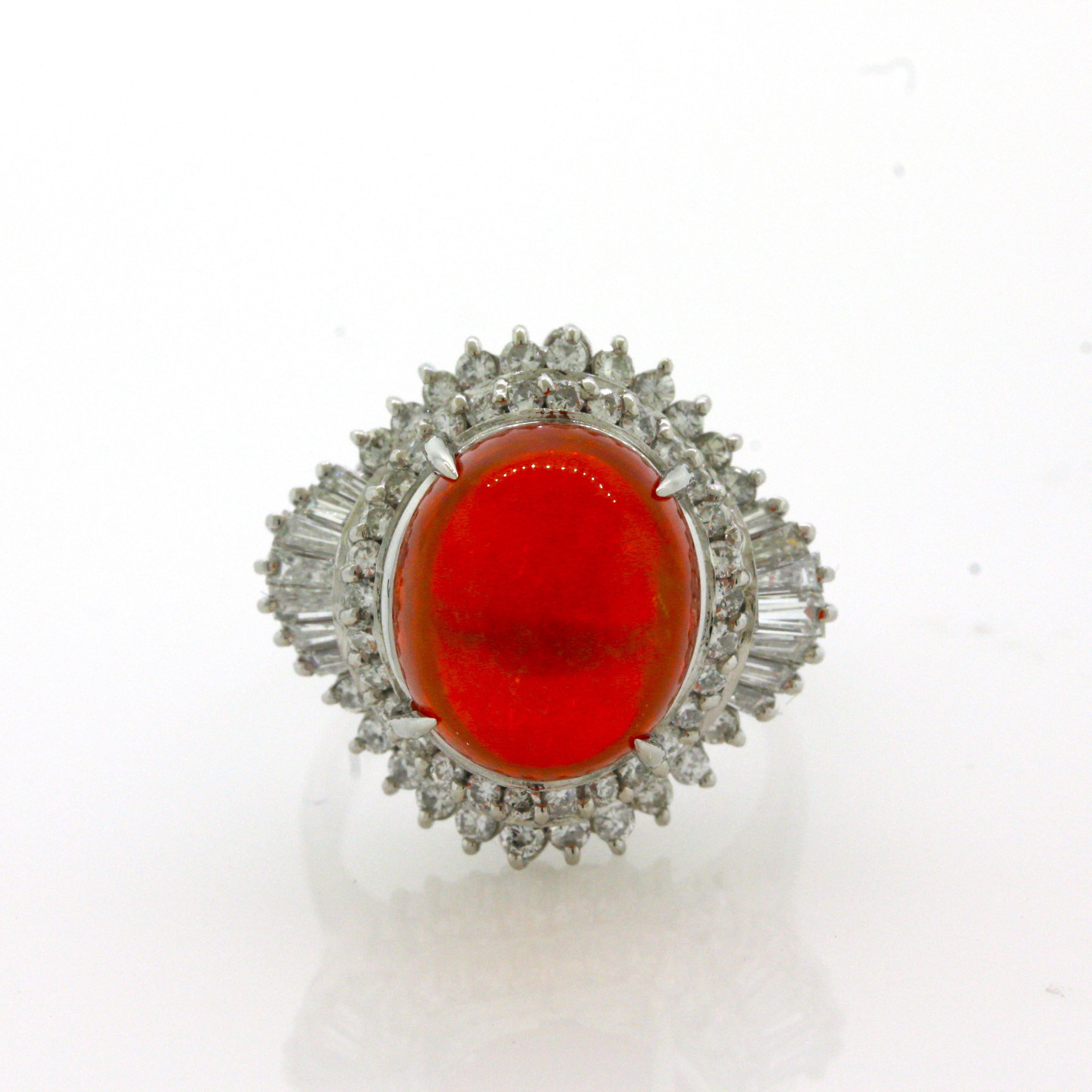 7.14 Carat Mexican Fire Opal Diamond Platinum Ring For Sale 2