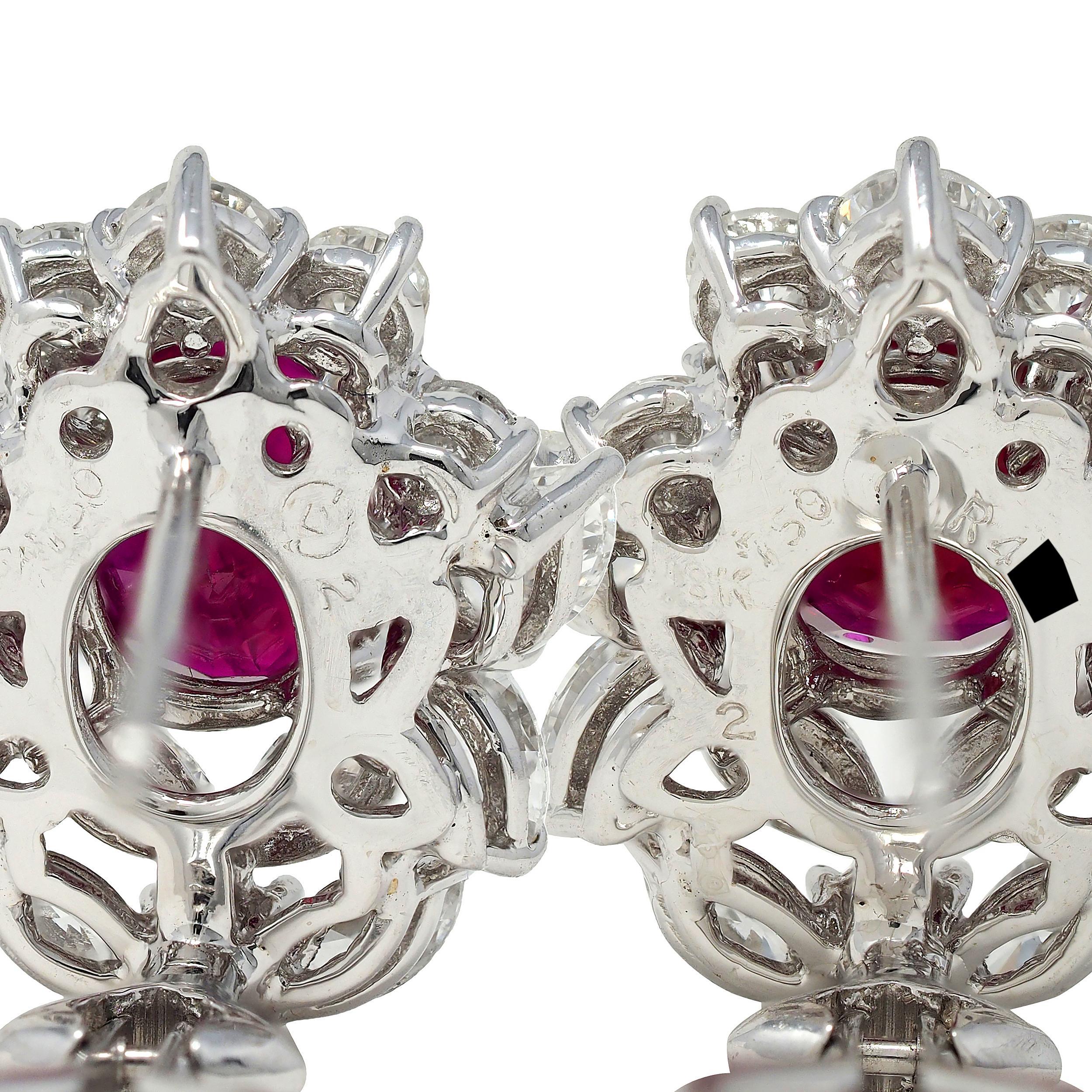 7.14 CTW Burma Pigeon's Ruby Diamond 18 Karat Gold Floral Cluster Earrings GIA For Sale 5